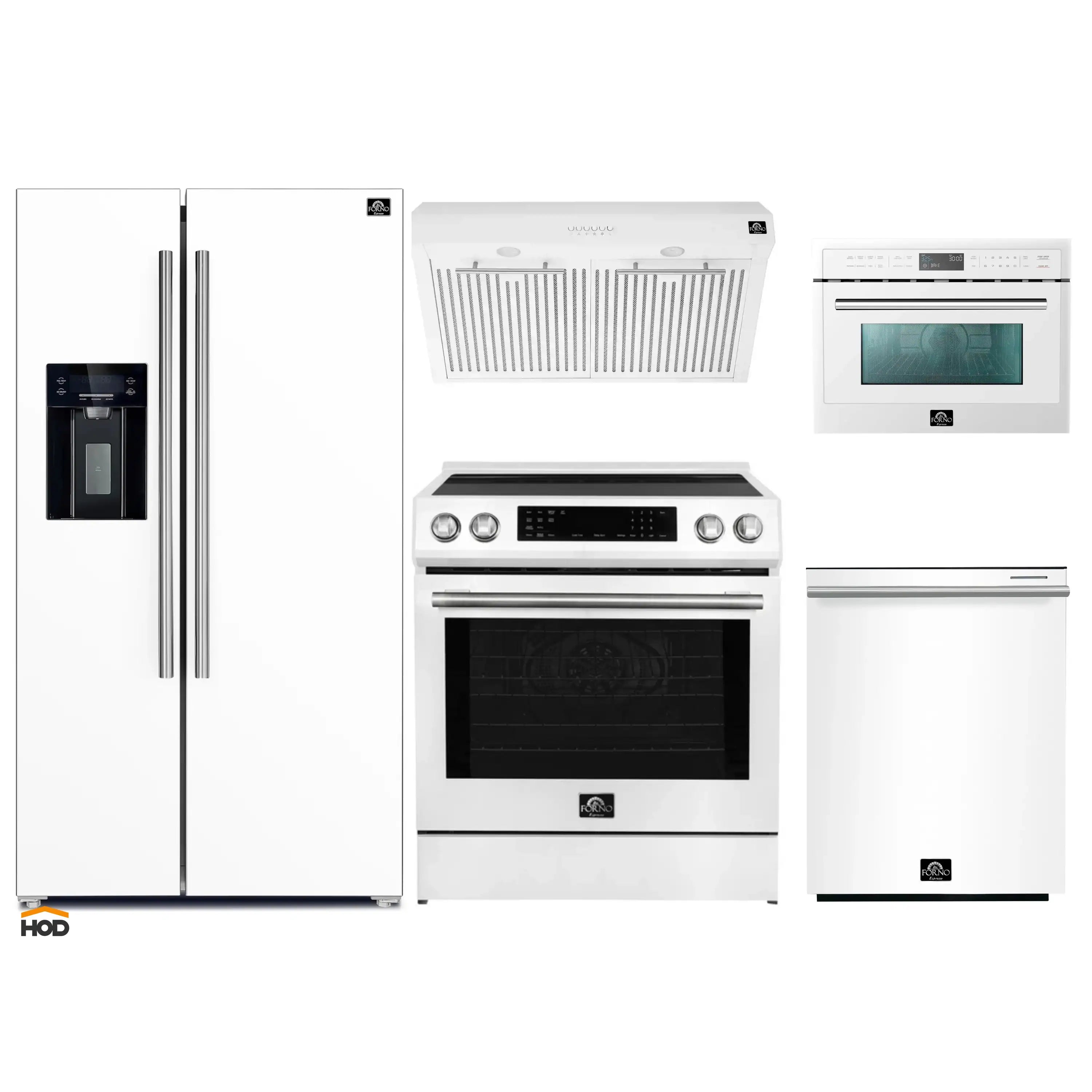 5-piece white appliance package: range, dishwasher, refrigerator, microwave, and hood