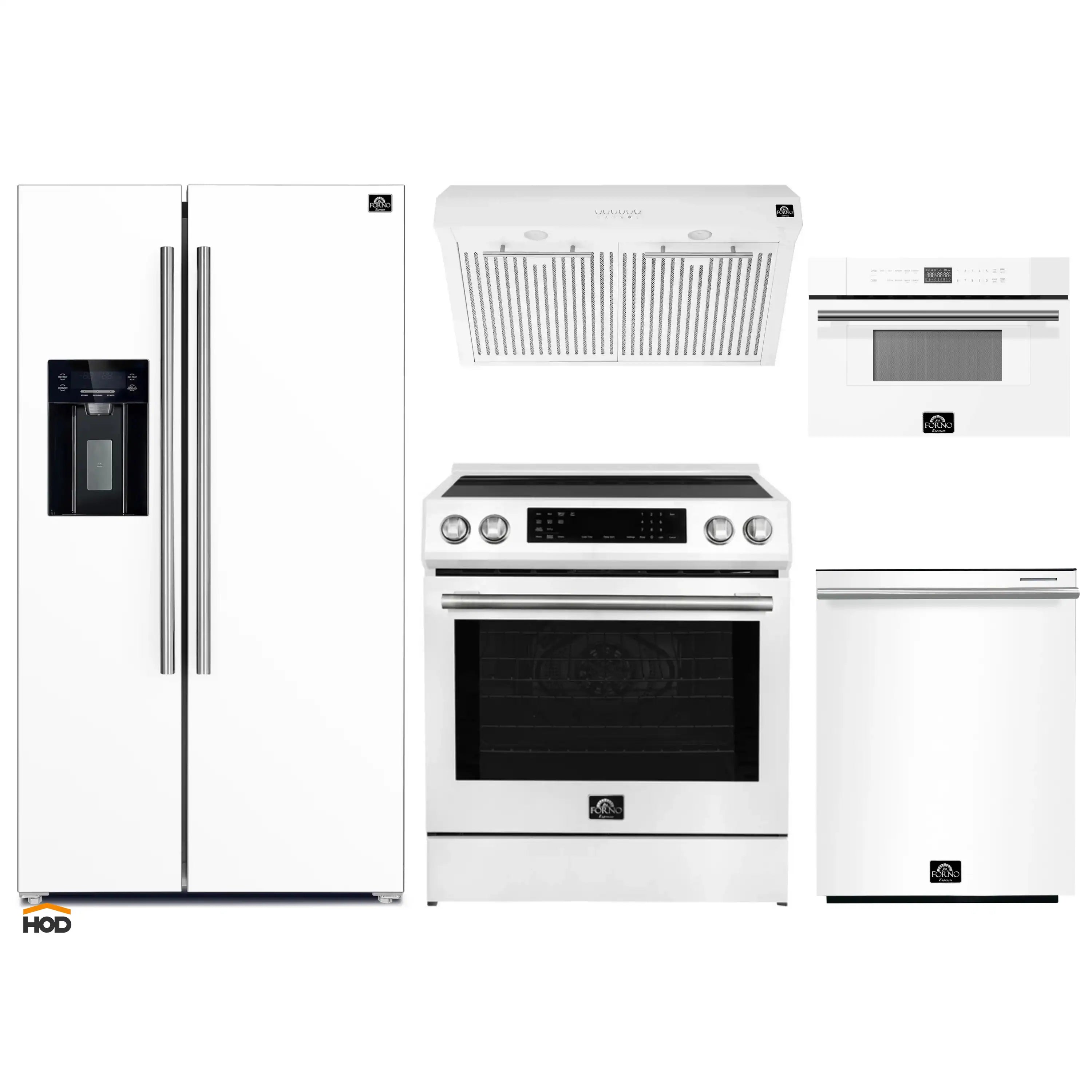 White refrigerator, range, hood, and dishwasher with stainless trim