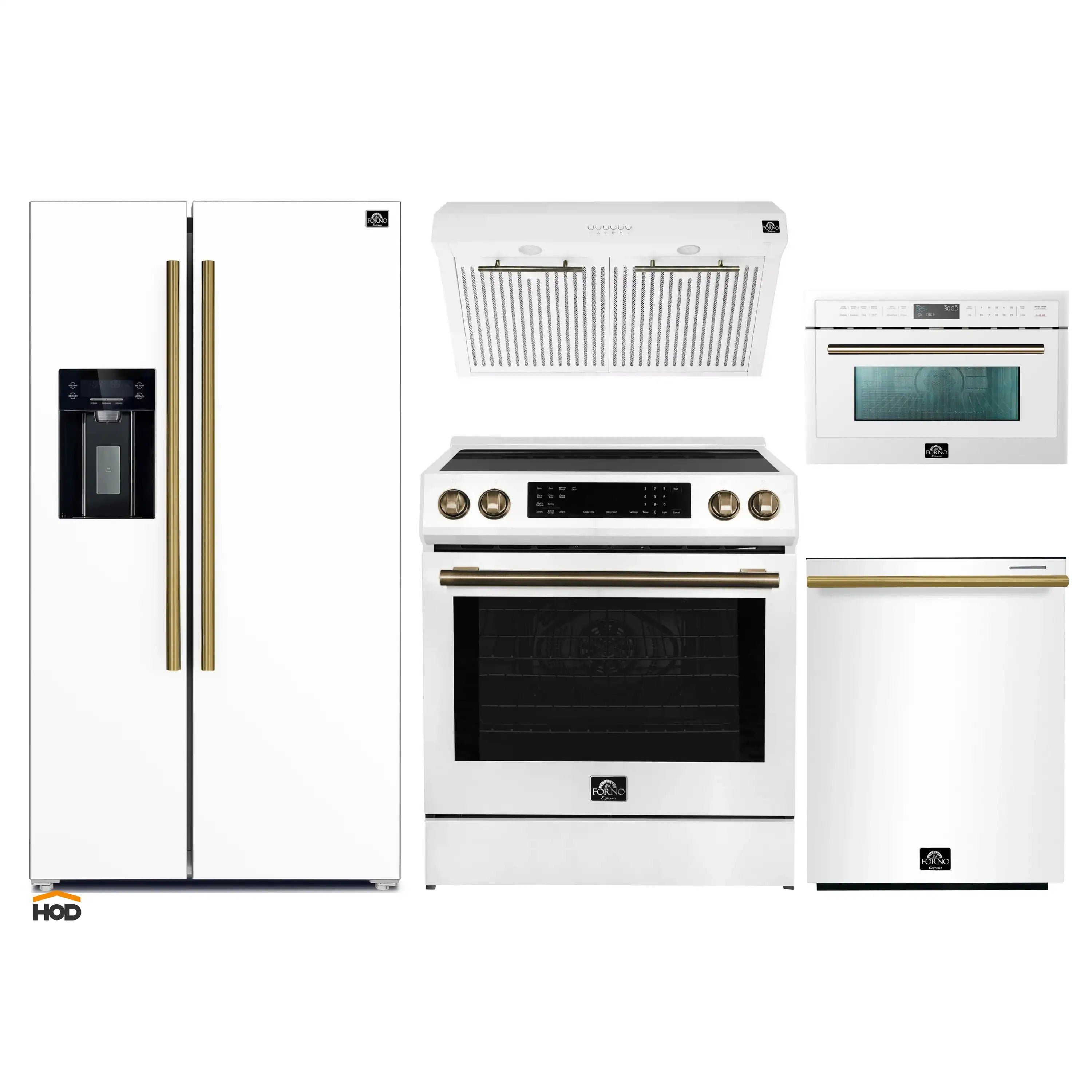 White appliance bundle with antique brass trim: refrigerator, range, microwave, and hood