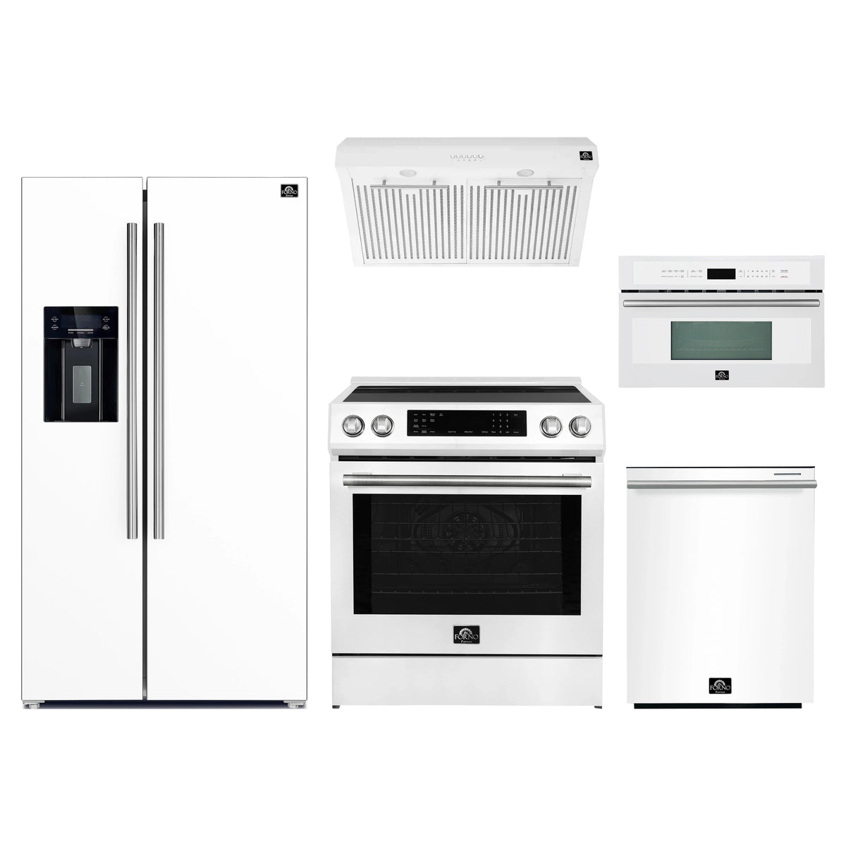 Forno 5-Piece Appliance Package - 30-Inch Induction Range, Under Cabinet Range Hood, Refrigerator with Water Dispenser, Dishwasher, and 30-Inch Microwave Oven in White with Stainless Steel Trim