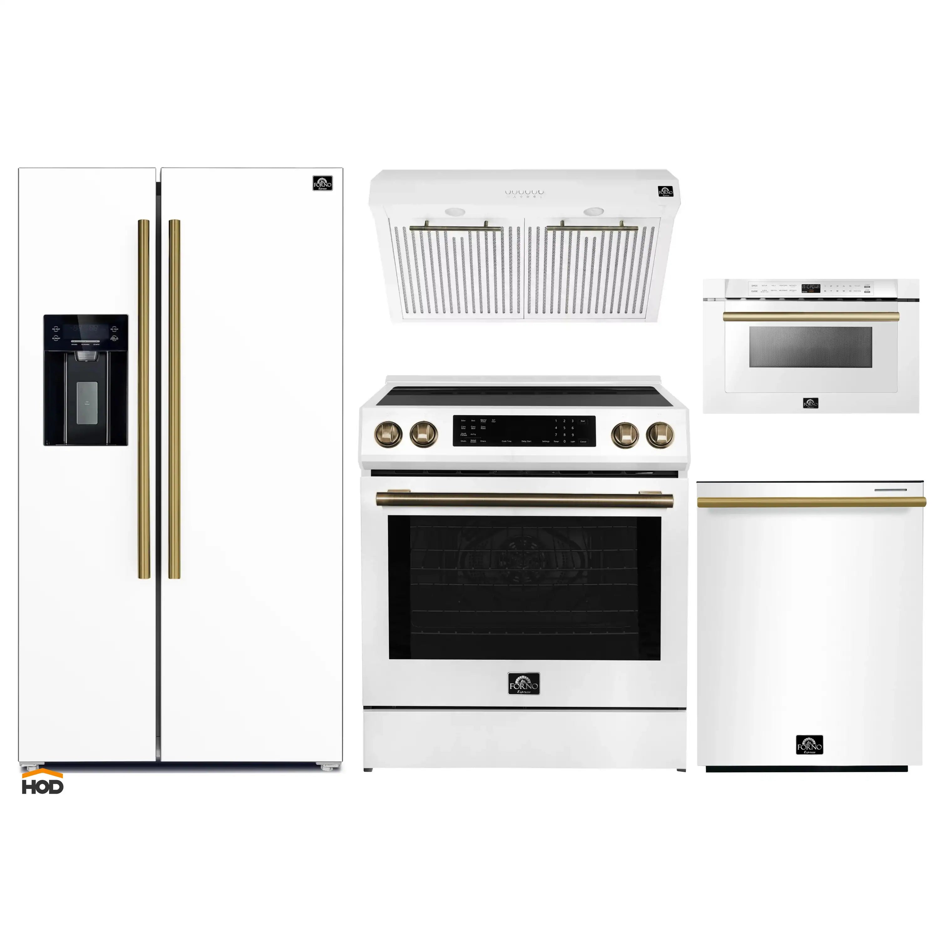 White appliance bundle with refrigerator, induction range, hood, and microwave drawer—brass trim