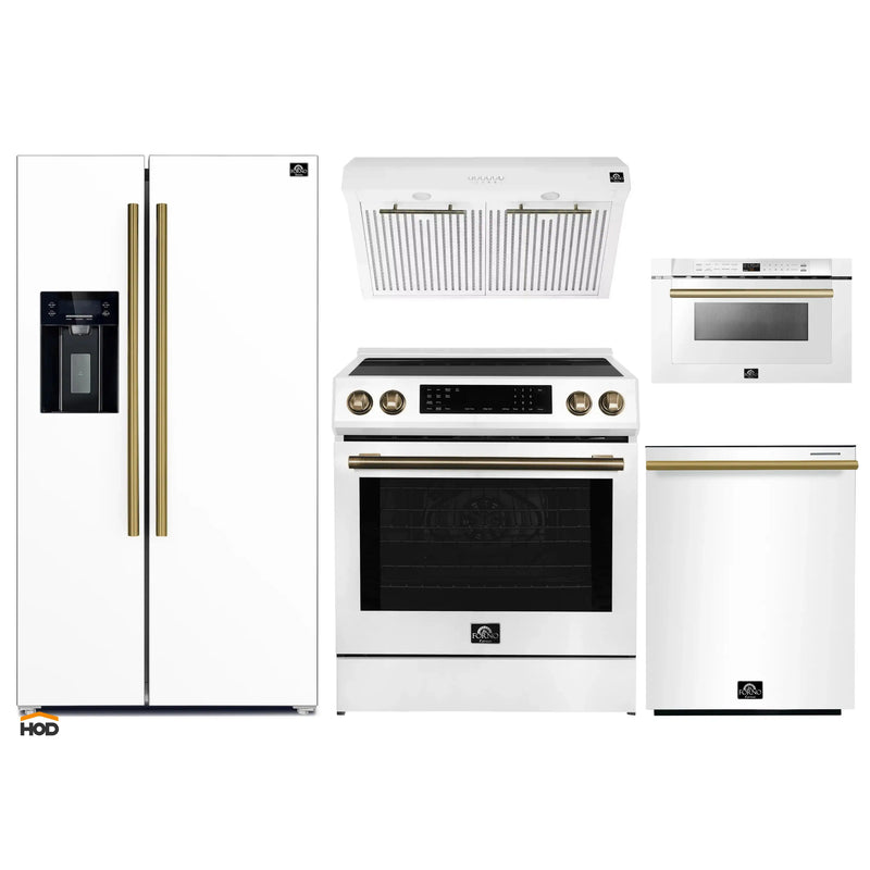 Forno 5-Piece Appliance Package - 30-Inch Induction Range, Under Cabinet Range Hood, Refrigerator with Water Dispenser, Dishwasher, and  Microwave Drawer in White with Antique Brass Trim