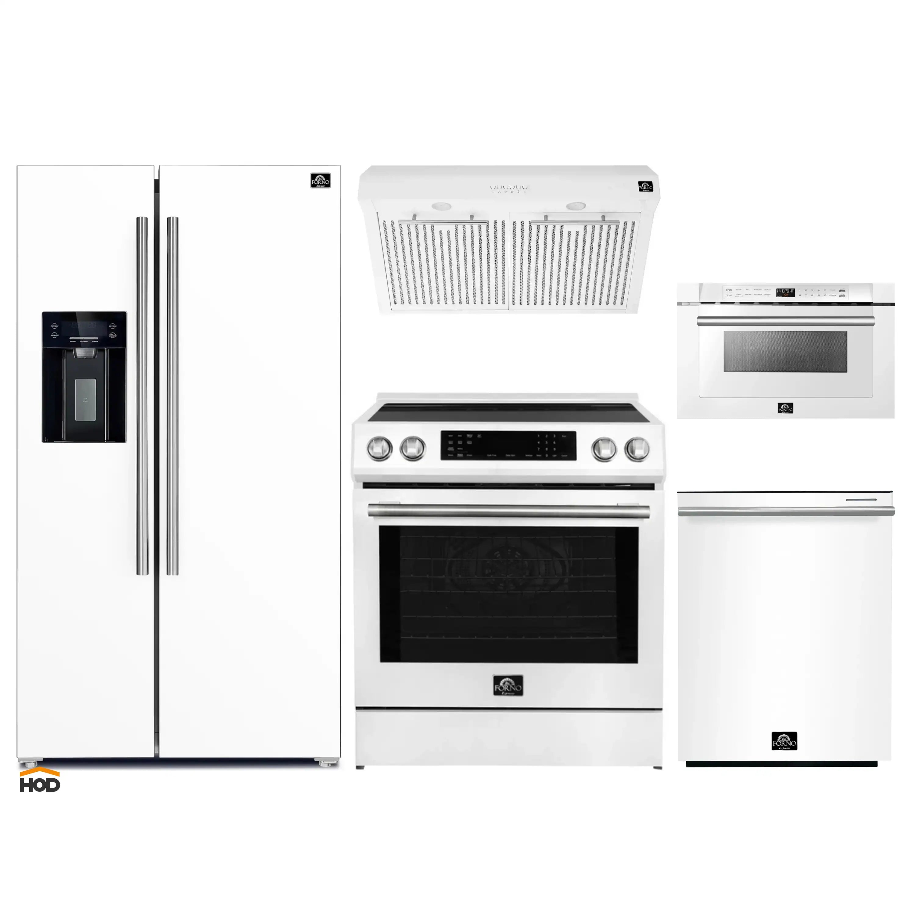 White appliance set featuring refrigerator, oven, microwave drawer, and dishwasher