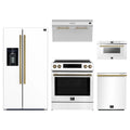 Forno 5-Piece Appliance Package - 30-Inch Induction Range, Under Cabinet Range Hood, Refrigerator with Water Dispenser, Dishwasher, and 24-Inch Microwave Drawer in White with Antique Brass Trim