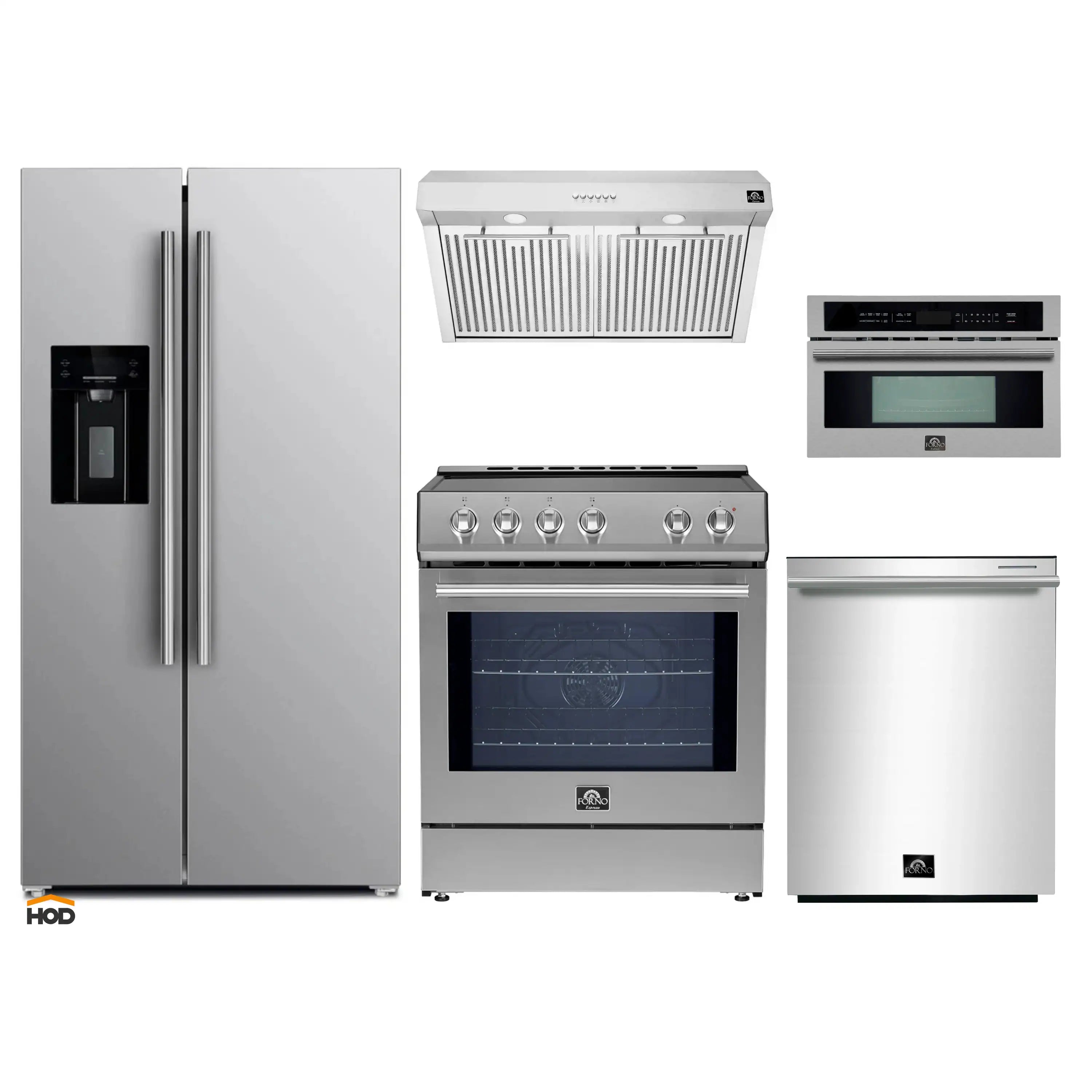 Stainless appliance set with refrigerator, induction range, hood, and microwave drawer