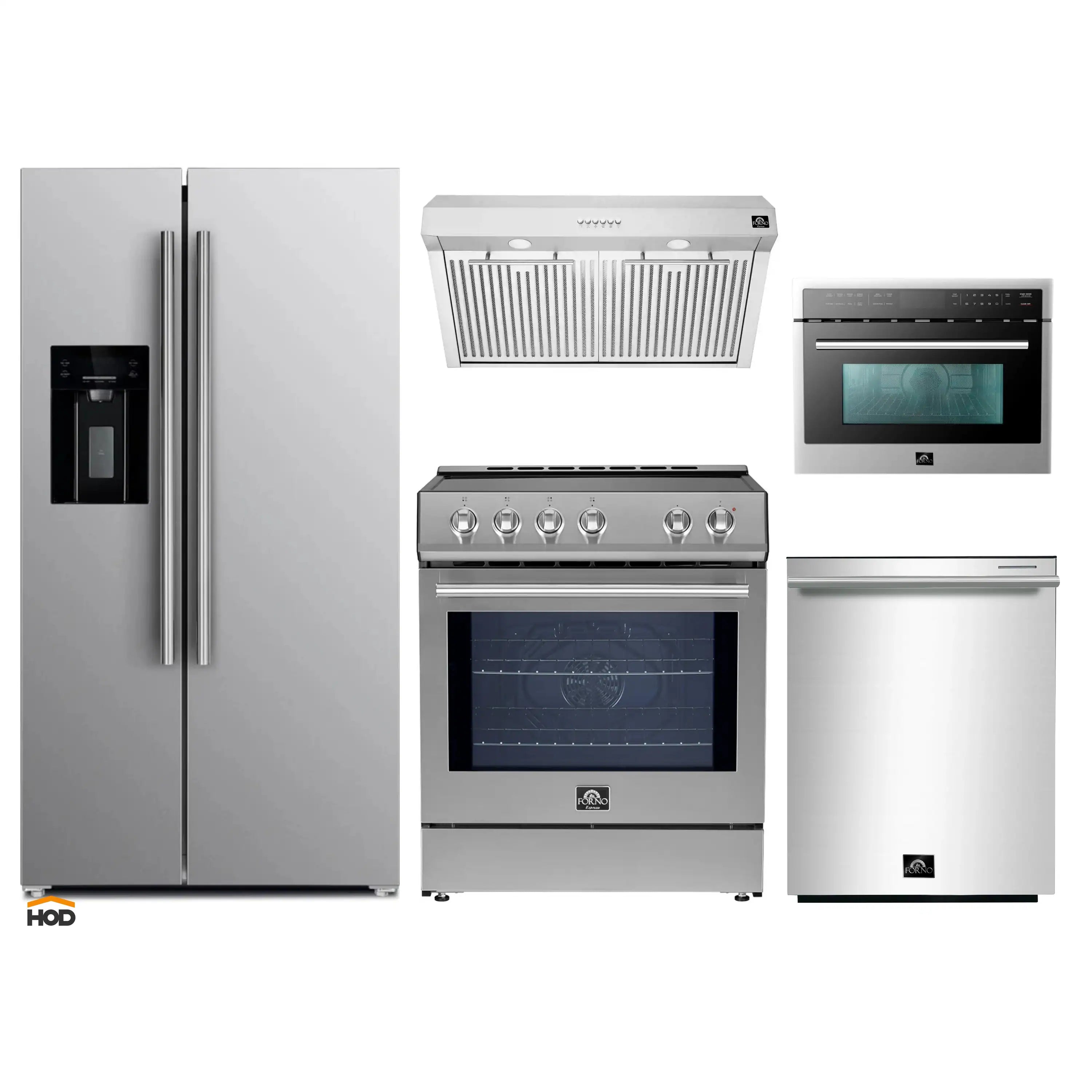 Stainless steel kitchen appliance set with refrigerator, range, hood, and microwave