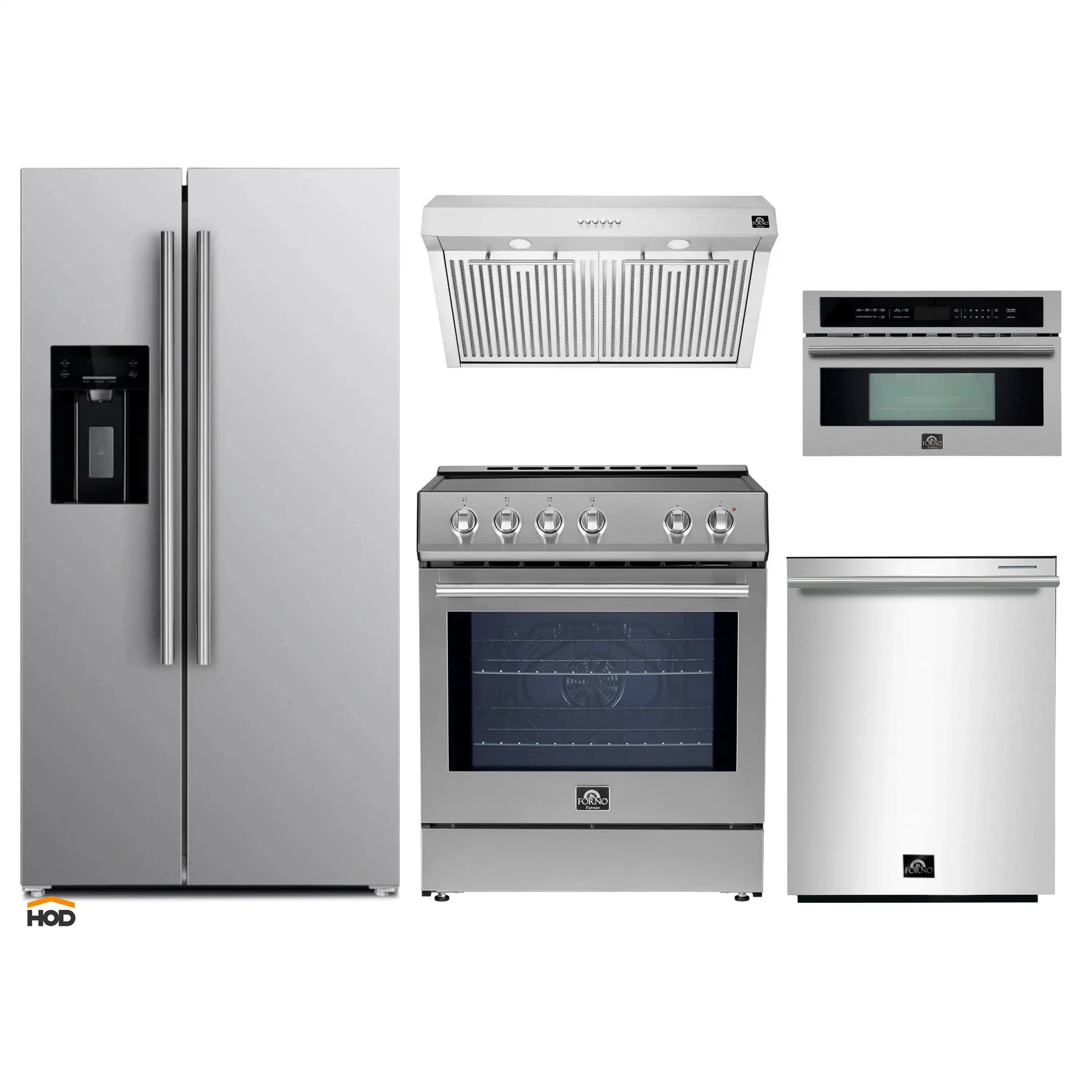 Stainless steel appliance package with refrigerator, range, range hood, and microwave
