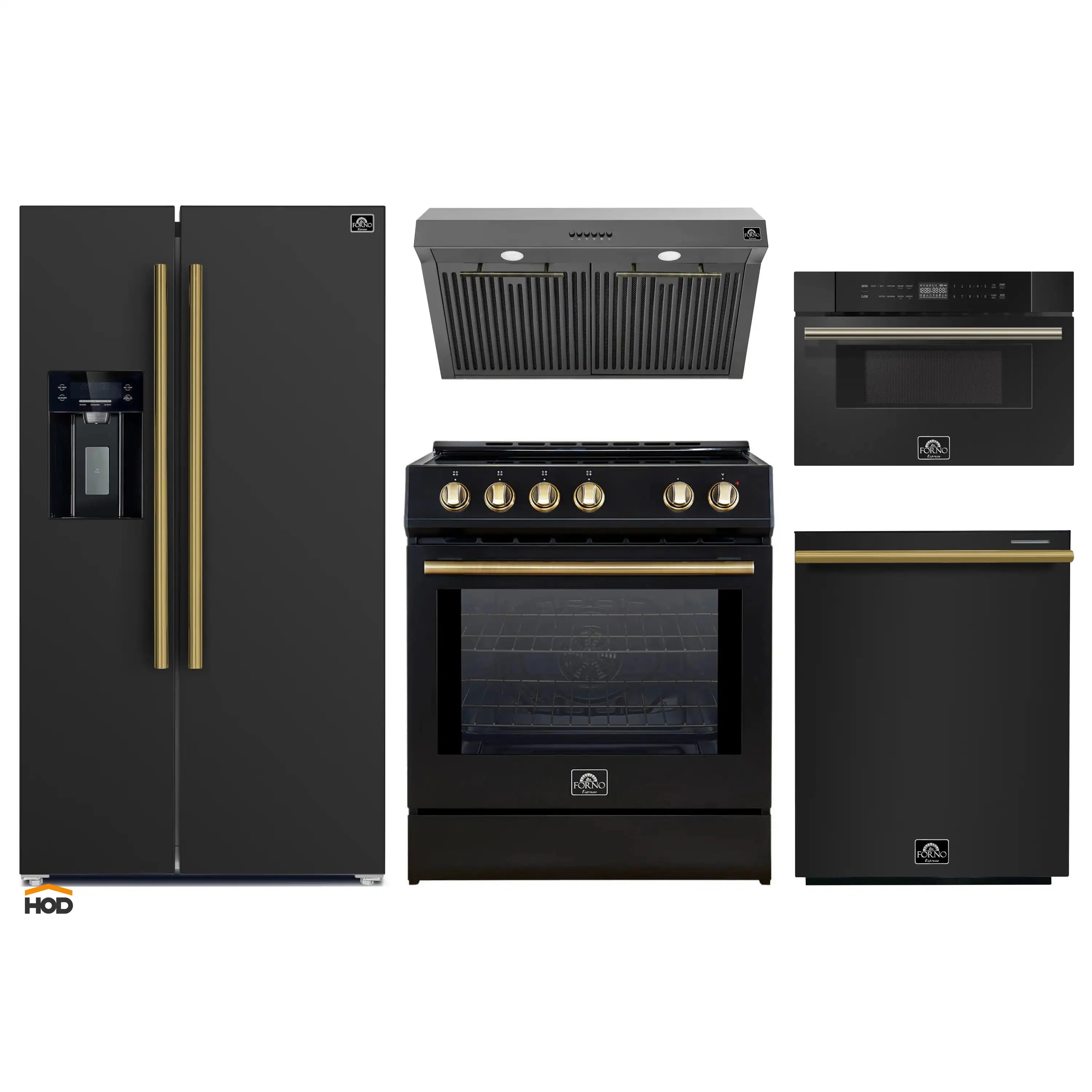 Black kitchen appliance bundle with range, under-cabinet hood, refrigerator, and dishwasher