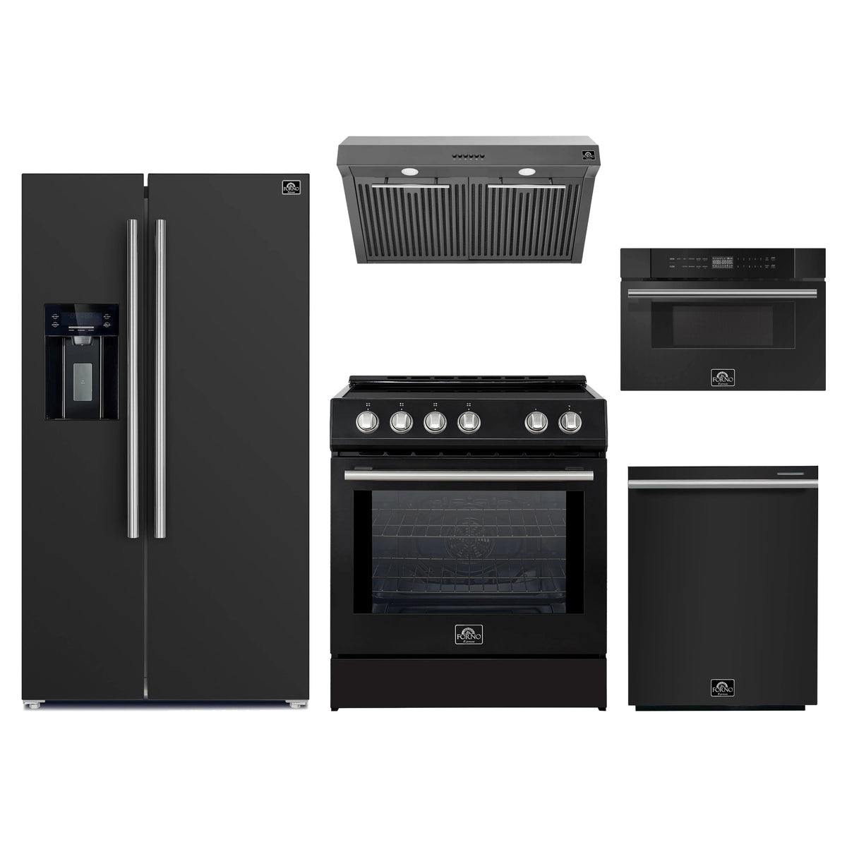 Forno 5-Piece Appliance Package - 30-Inch Induction Range, Under Cabinet Range Hood, Refrigerator with Water Dispenser, Dishwasher, and 30-Inch Microwave Drawer in Black with Stainless Steel Trim