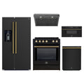 Forno 5-Piece Appliance Package - 30-Inch Induction Range, Under Cabinet Range Hood, Refrigerator with Water Dispenser, Dishwasher, and 30-Inch Microwave Drawer in Black with Antique Brass Trim