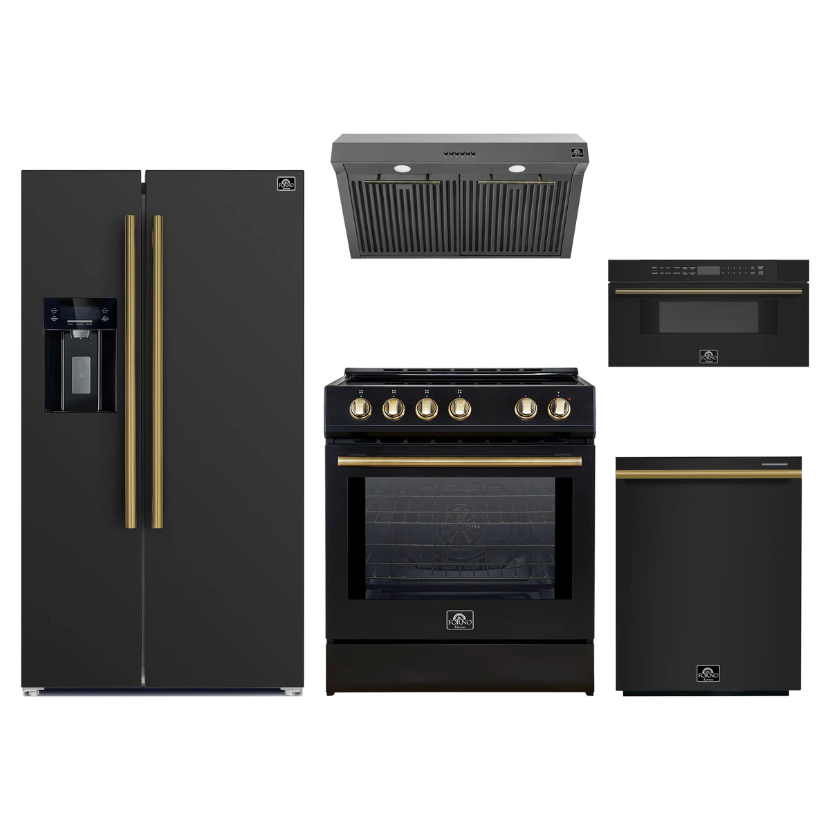 Forno 5-Piece Appliance Package - 30-Inch Induction Range, Under Cabinet Range Hood, Refrigerator with Water Dispenser, Dishwasher, and 30-Inch Microwave Drawer in Black with Antique Brass Trim