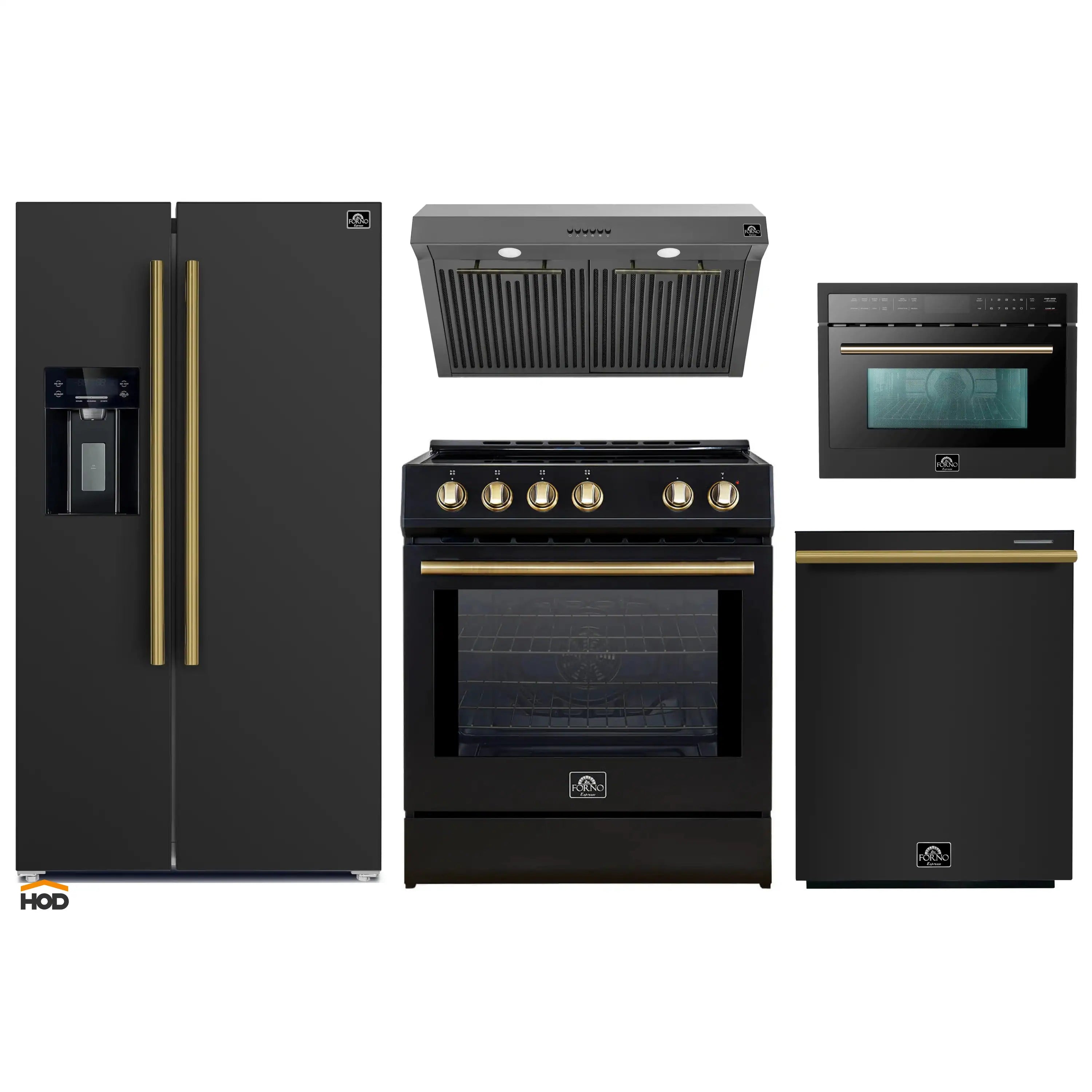 Black appliance bundle with antique brass trim: fridge, range, hood, microwave, dishwasher