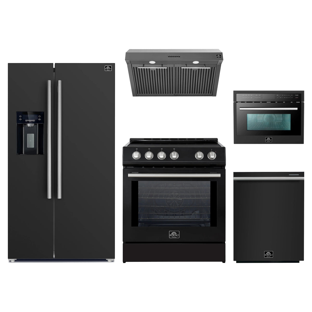 Forno 5-Piece Appliance Package - 30-Inch Induction Range, Under Cabinet Range Hood, Refrigerator with Water Dispenser, Dishwasher, and 24-Inch Microwave Oven in Black with Stainless Steel Trim