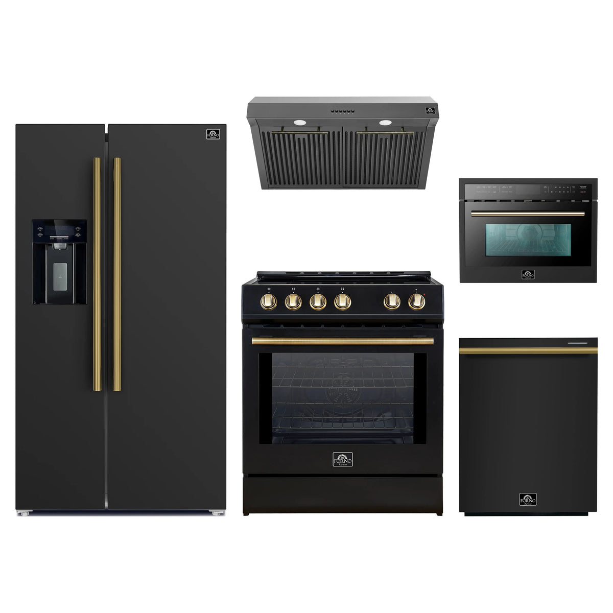 Forno 5-Piece Appliance Package - 30-Inch Induction Range, Under Cabinet Range Hood, Refrigerator with Water Dispenser, Dishwasher, and 24-Inch Microwave Oven in Black with Antique Brass Trim