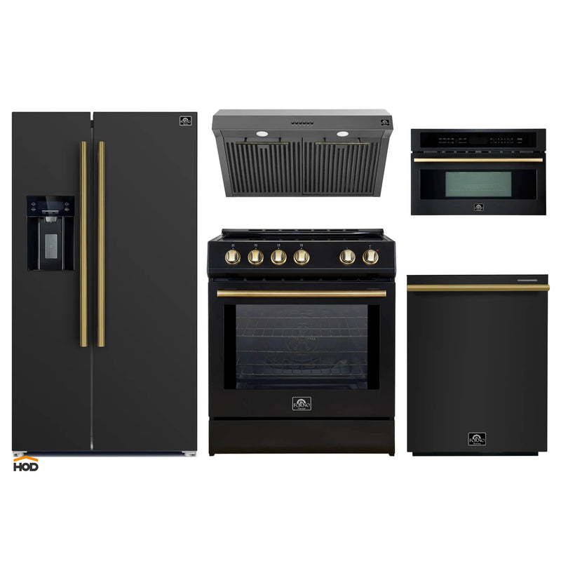 Forno 5-Piece Appliance Package - 30-Inch Induction Range, Under Cabinet Range Hood, Refrigerator with Water Dispenser, Dishwasher, and 30-Inch Microwave Oven in Black with Antique Brass Trim