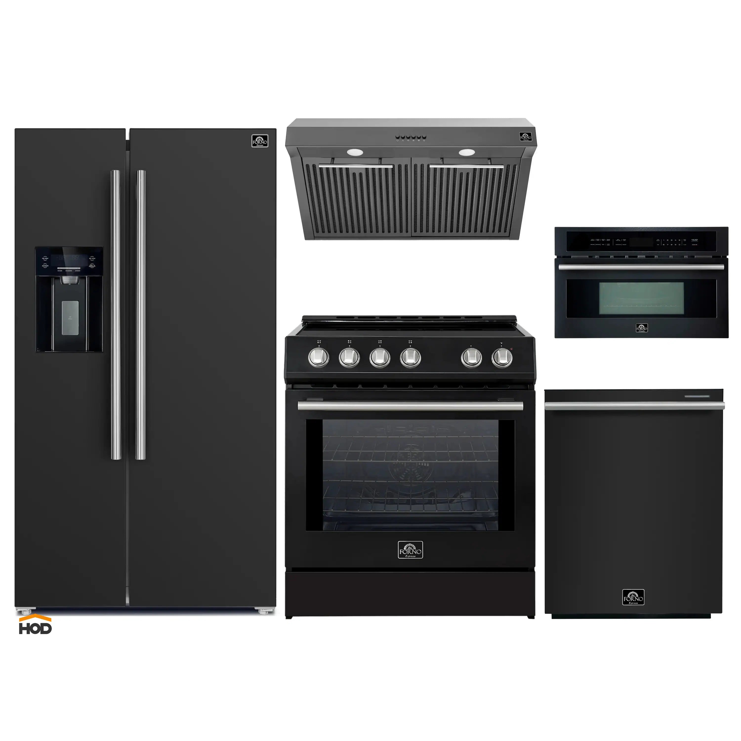 Black kitchen appliance bundle with refrigerator, range, microwave, and hood with trim