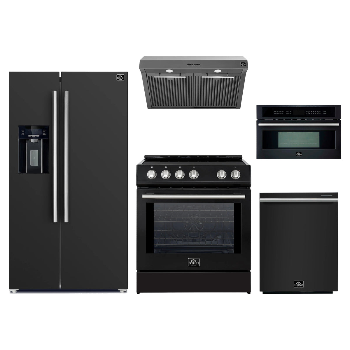 Forno 5-Piece Appliance Package - 30-Inch Induction Range, Under Cabinet Range Hood, Refrigerator with Water Dispenser, Dishwasher, and 30-Inch Microwave Oven in Black with Stainless Steel Trim