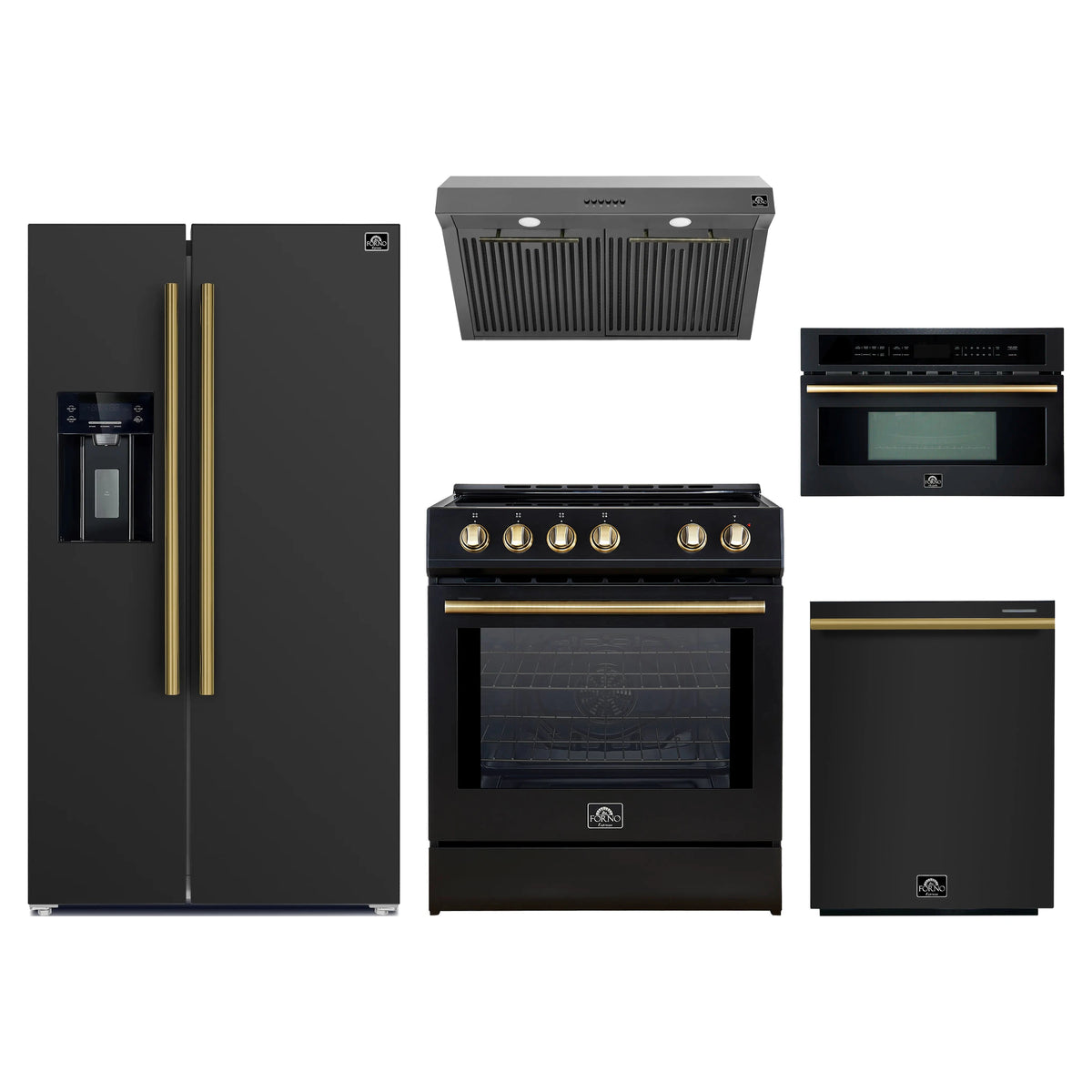 Forno 5-Piece Appliance Package - 30-Inch Induction Range, Under Cabinet Range Hood, Refrigerator with Water Dispenser, Dishwasher, and 30-Inch Microwave Oven in Black with Antique Brass Trim