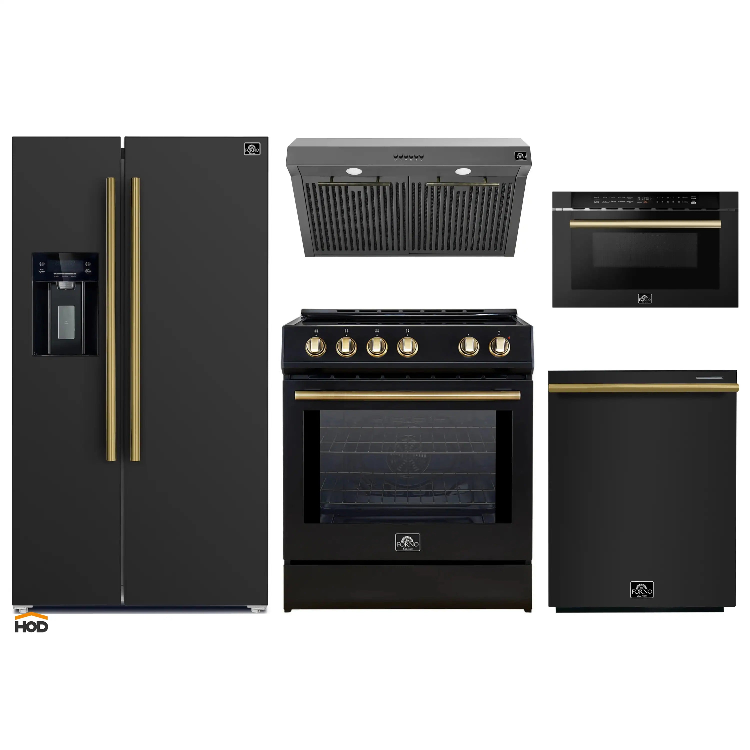 Black appliance set with antique brass trim: refrigerator, induction range, hood, microwave