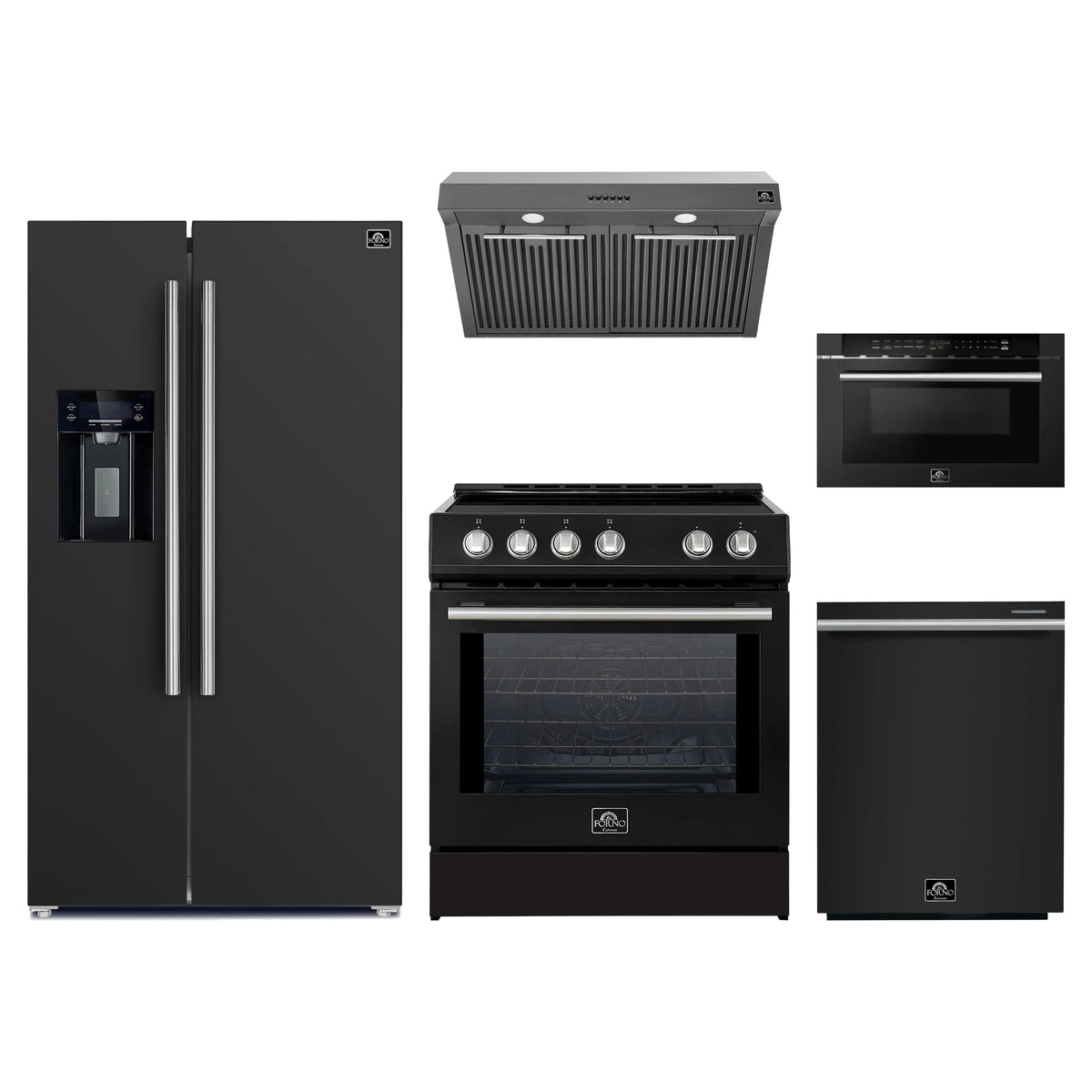Forno 5-Piece Appliance Package - 30-Inch Induction Range, Under Cabinet Range Hood, Refrigerator with Water Dispenser, Dishwasher, and Microwave Drawer in Black with Stainless Steel Trim