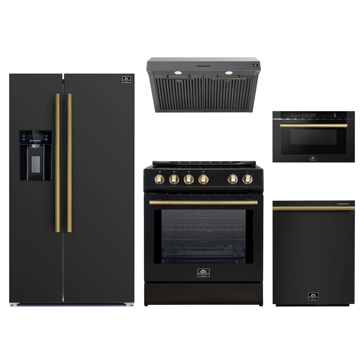 Forno 5-Piece Appliance Package - 30-Inch Induction Range, Under Cabinet Range Hood, Refrigerator with Water Dispenser, Dishwasher, and Microwave Drawer in Black with Antique Brass Trim