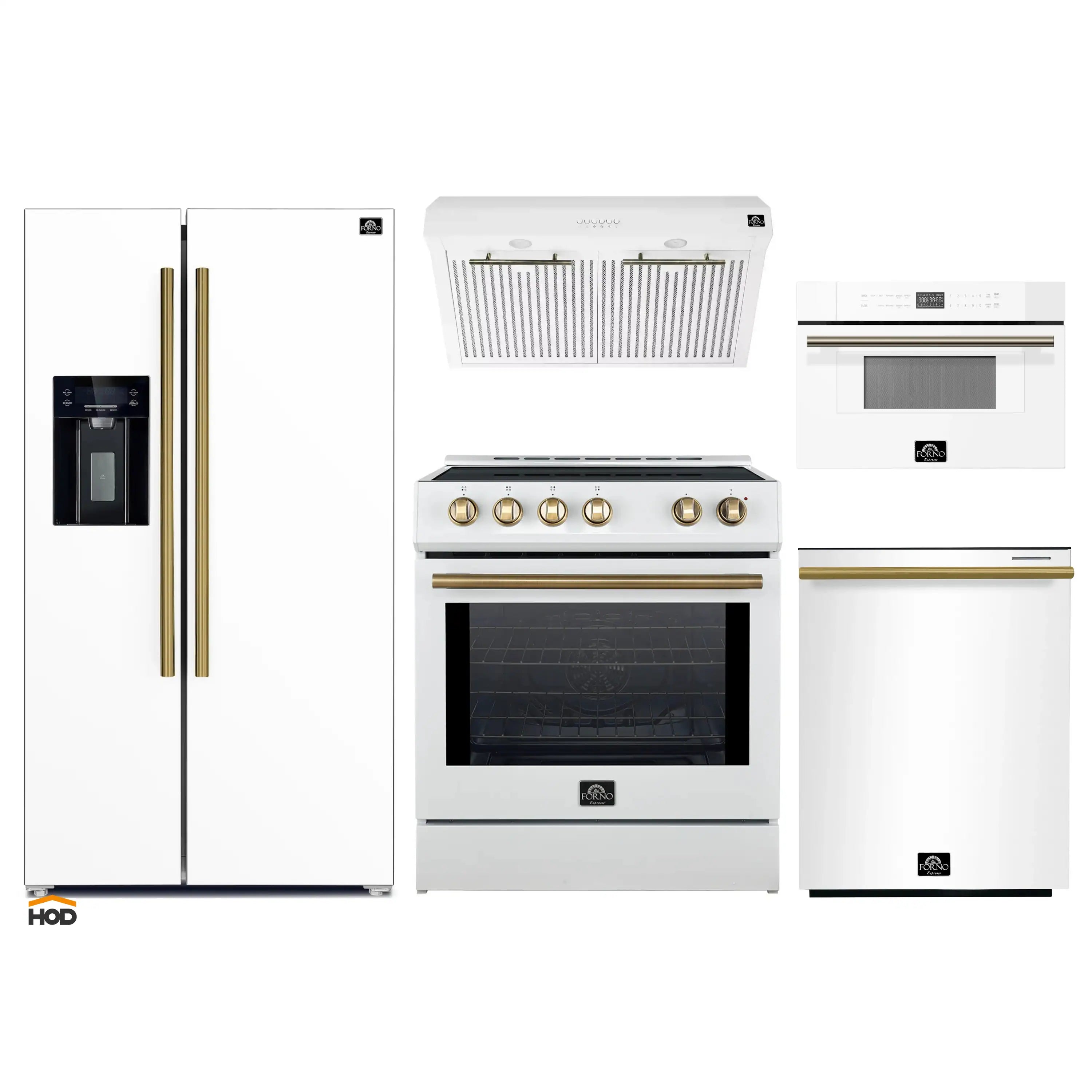 White 5-piece kitchen appliance package with induction range, fridge, hood, dishwasher, microwave