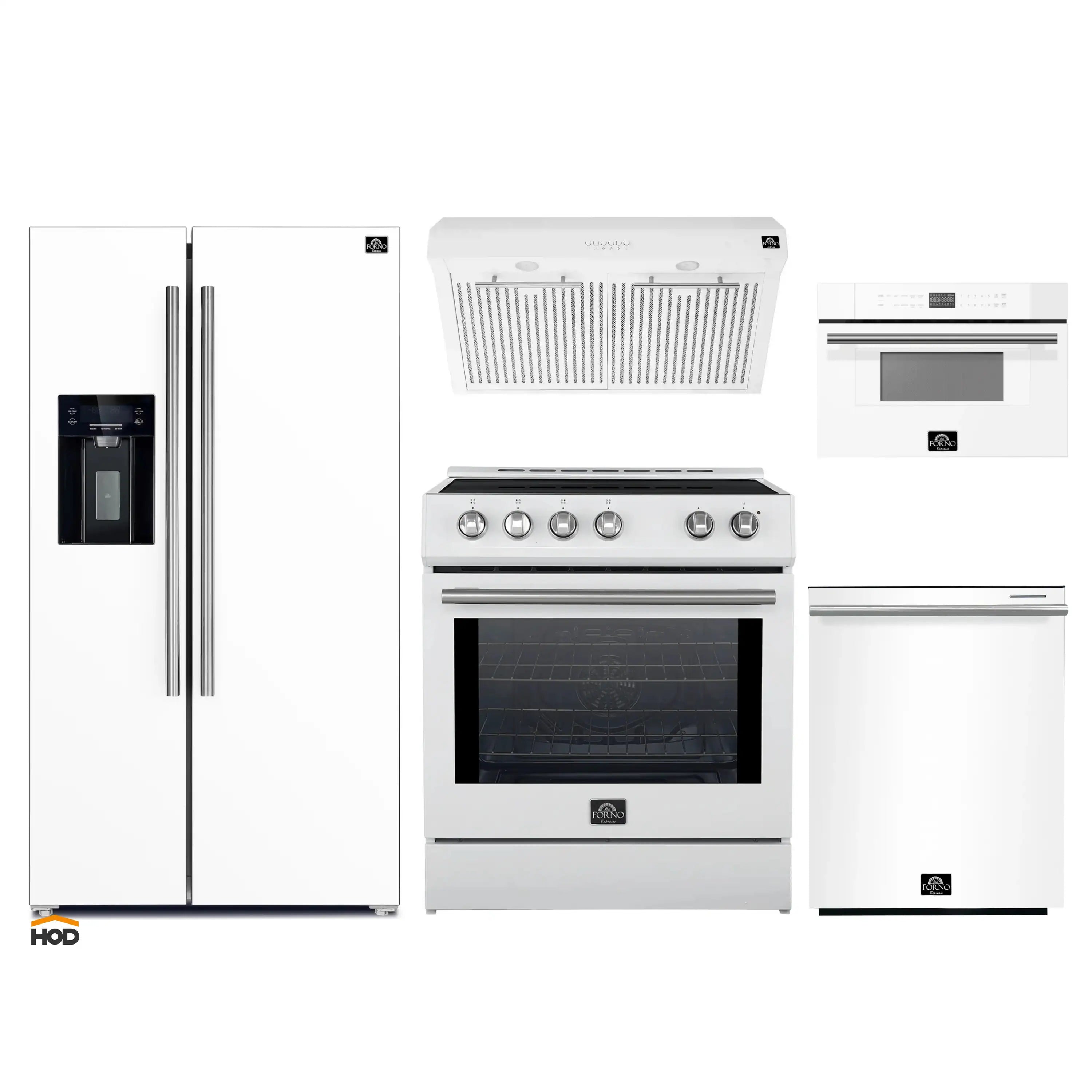 White kitchen appliance set with refrigerator, range, hood, and microwave drawer