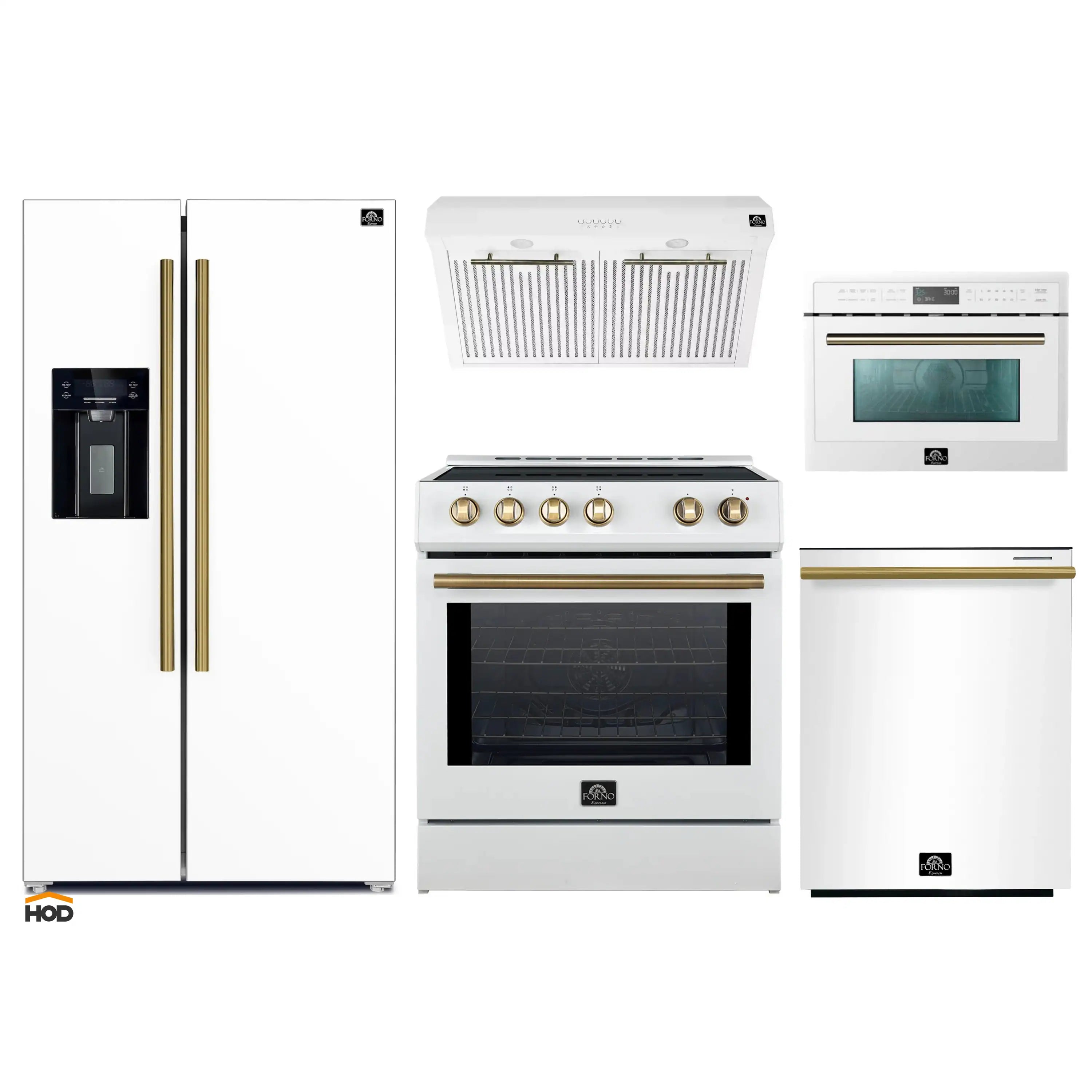Five-piece white appliance set with range, fridge, microwave, hood and dishwasher