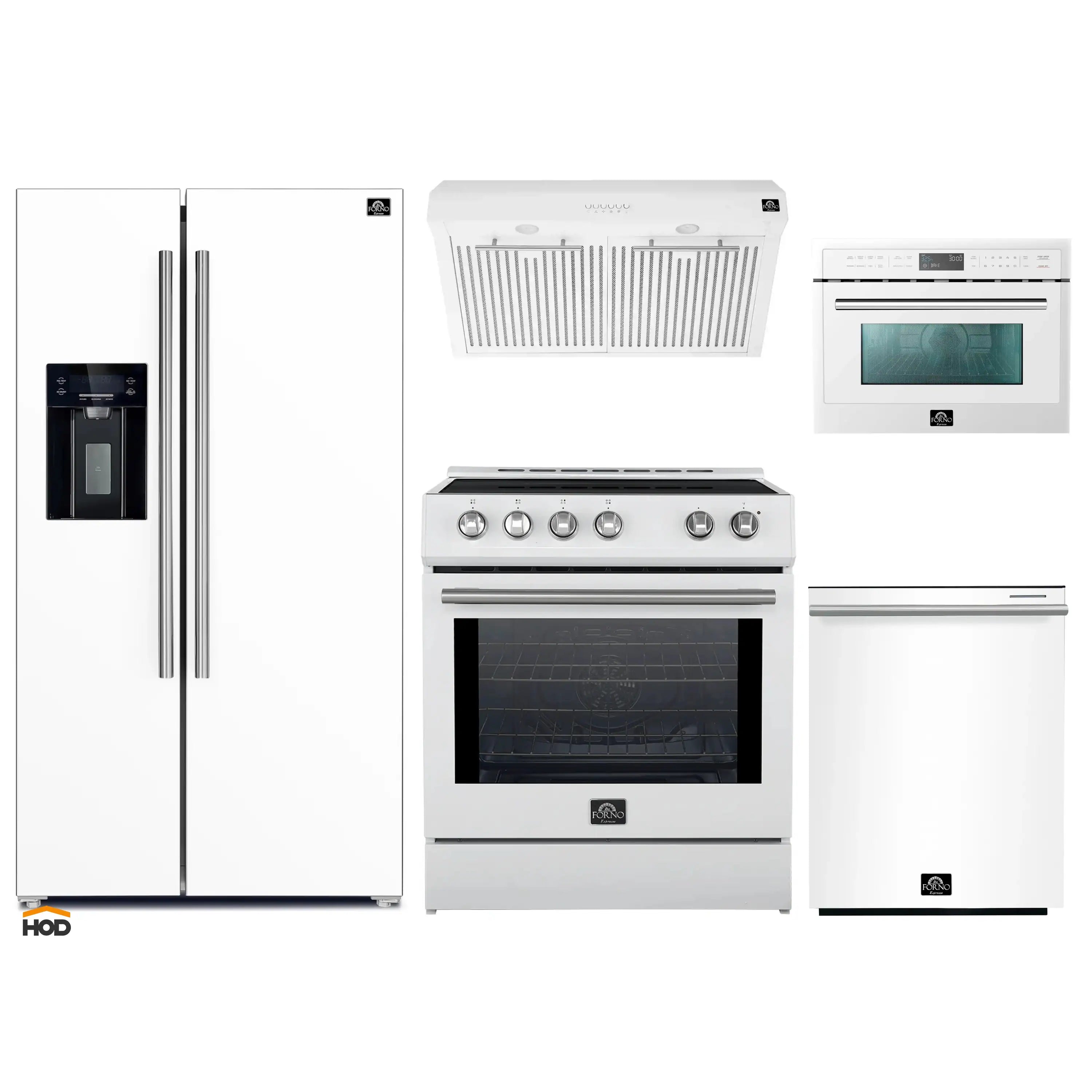 White kitchen appliance package with stainless trim: refrigerator, range, hood, microwave oven.