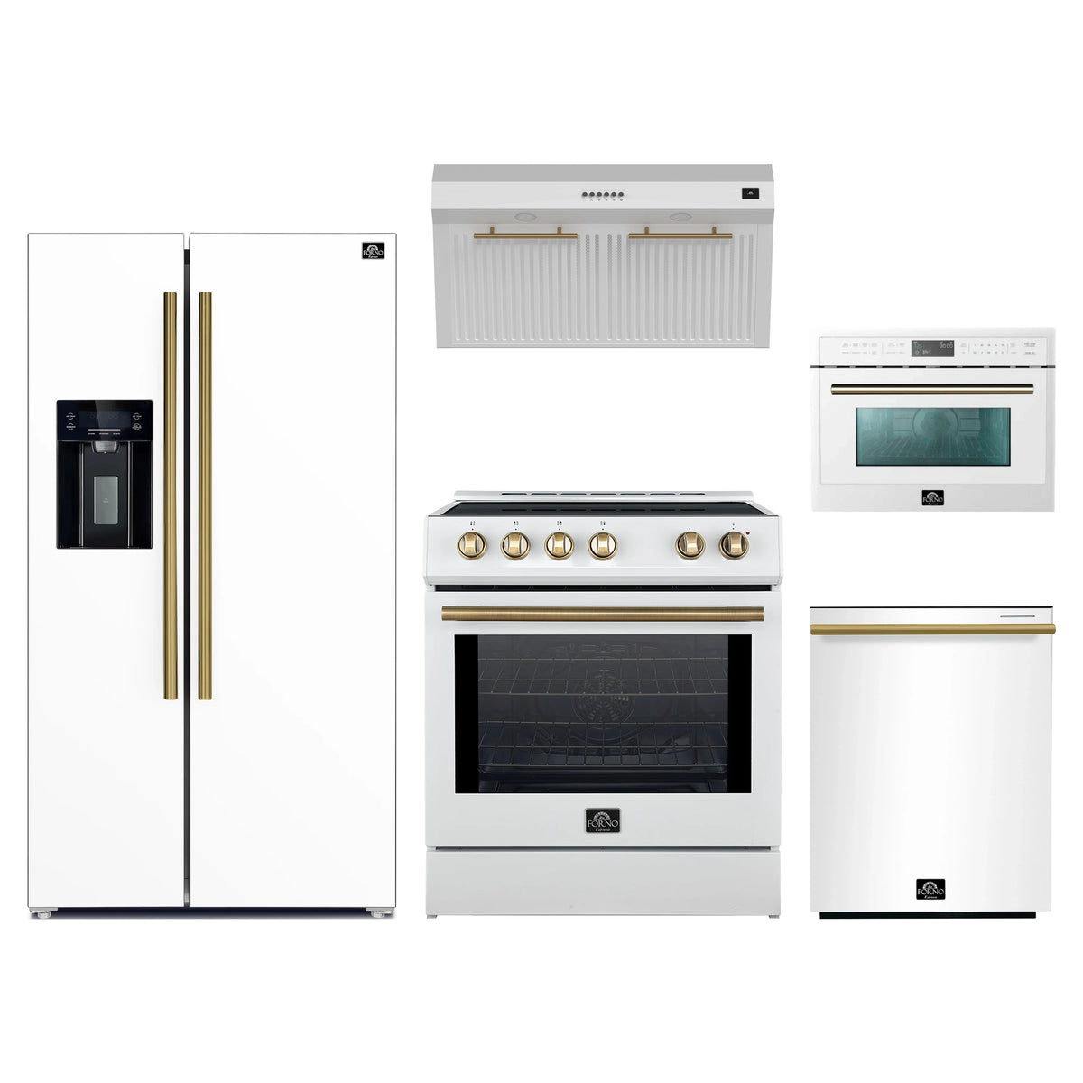 Forno 5-Piece Appliance Package - 30-Inch Induction Range, Under Cabinet Range Hood, Refrigerator with Water Dispenser, Dishwasher, and 24-Inch Microwave Oven in White with Antique Brass Trim