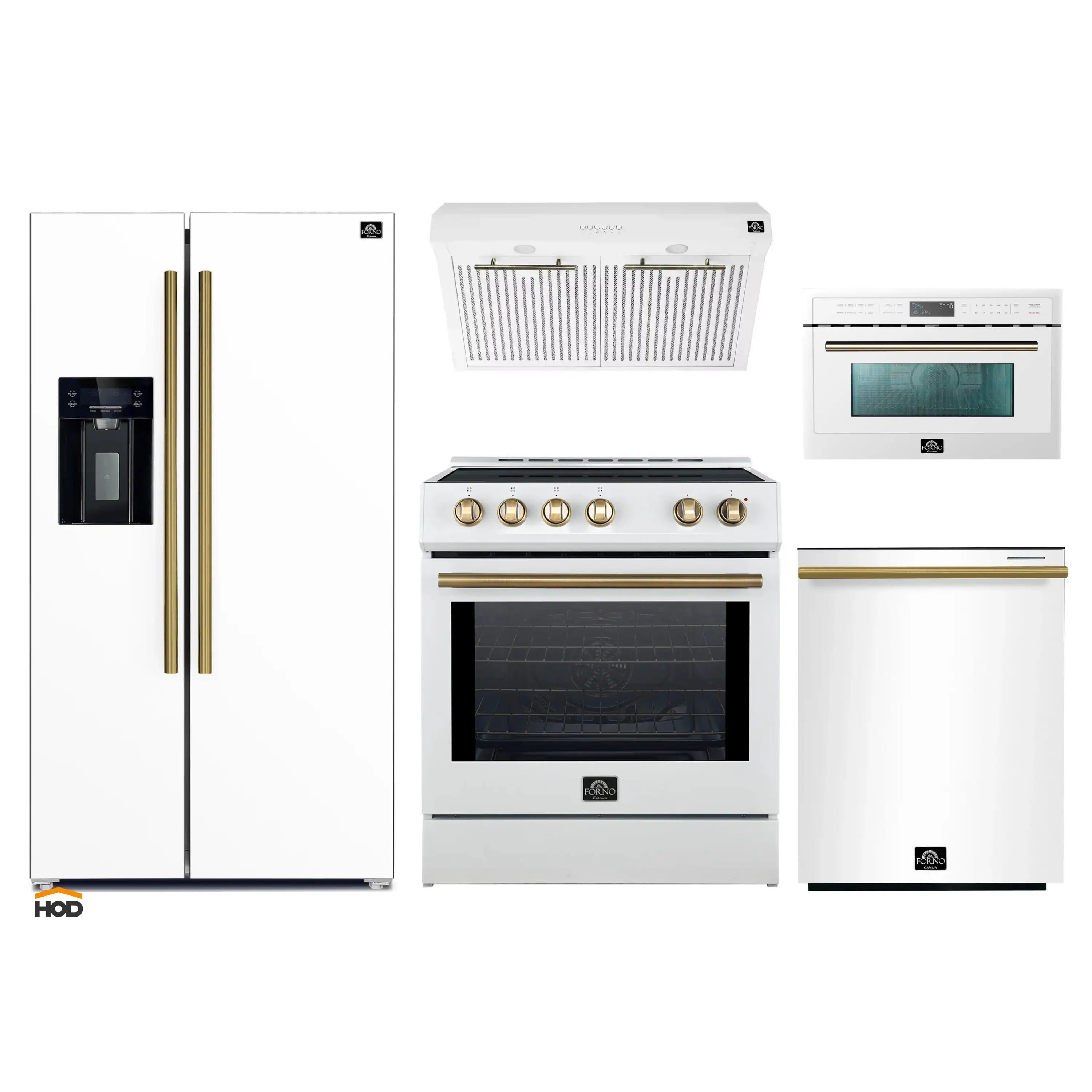 White kitchen appliance package set with induction range, refrigerator, hood and microwave