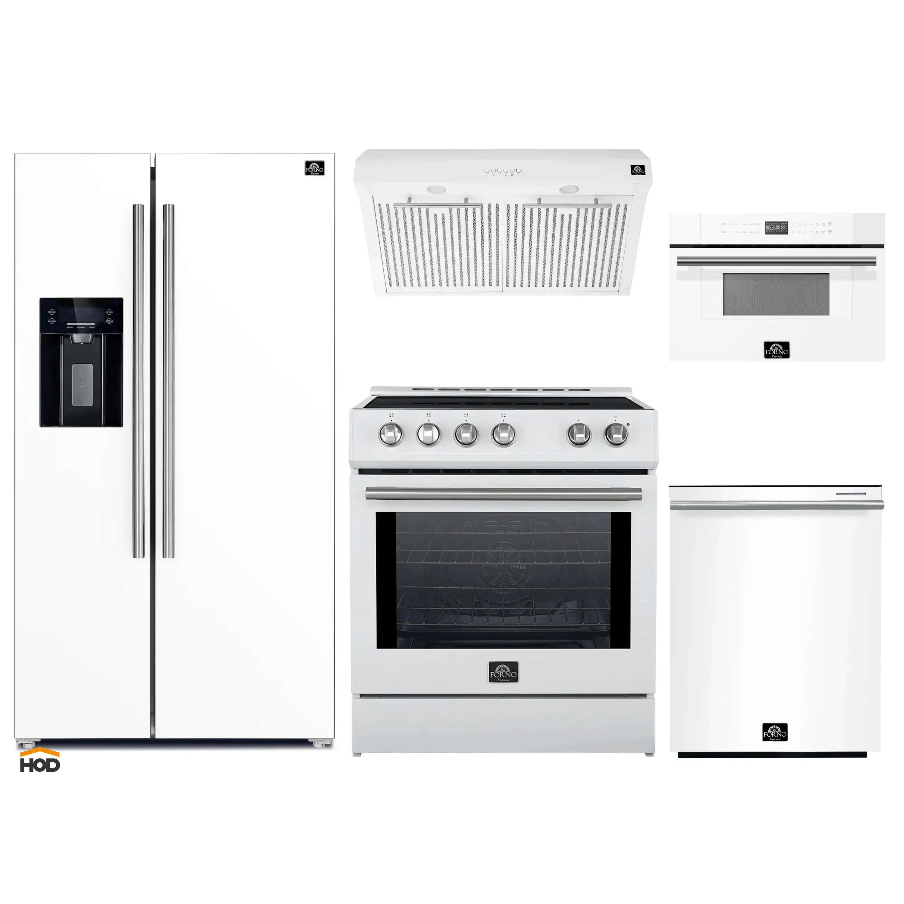 White 5-piece kitchen appliance set with refrigerator, range, microwave, and dishwasher