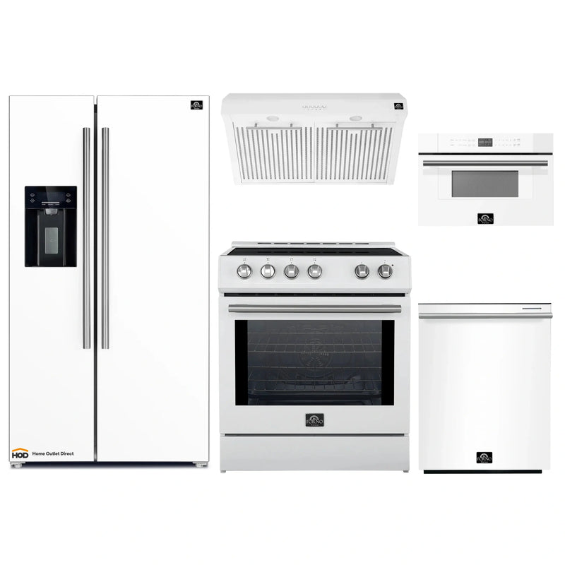 Forno 5-Piece Appliance Package - 30-Inch Induction Range, Under Cabinet Range Hood, Refrigerator with Water Dispenser, Dishwasher, and 30-Inch Microwave Oven in White with Stainless Steel Trim