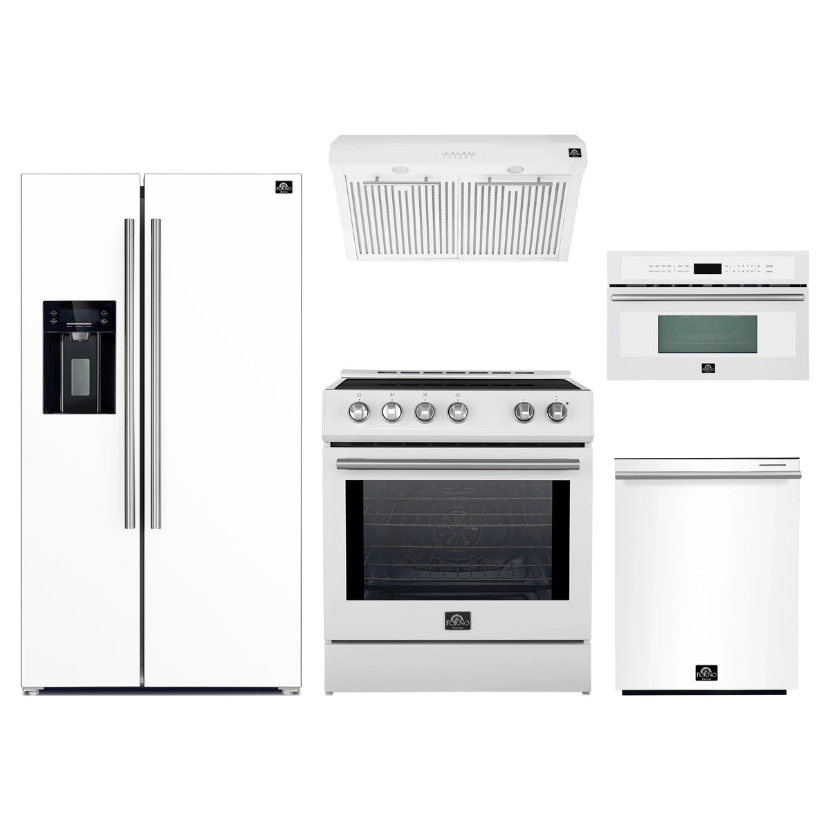 Forno 5-Piece Appliance Package - 30-Inch Induction Range, Under Cabinet Range Hood, Refrigerator with Water Dispenser, Dishwasher, and 30-Inch Microwave Oven in White with Stainless Steel Trim
