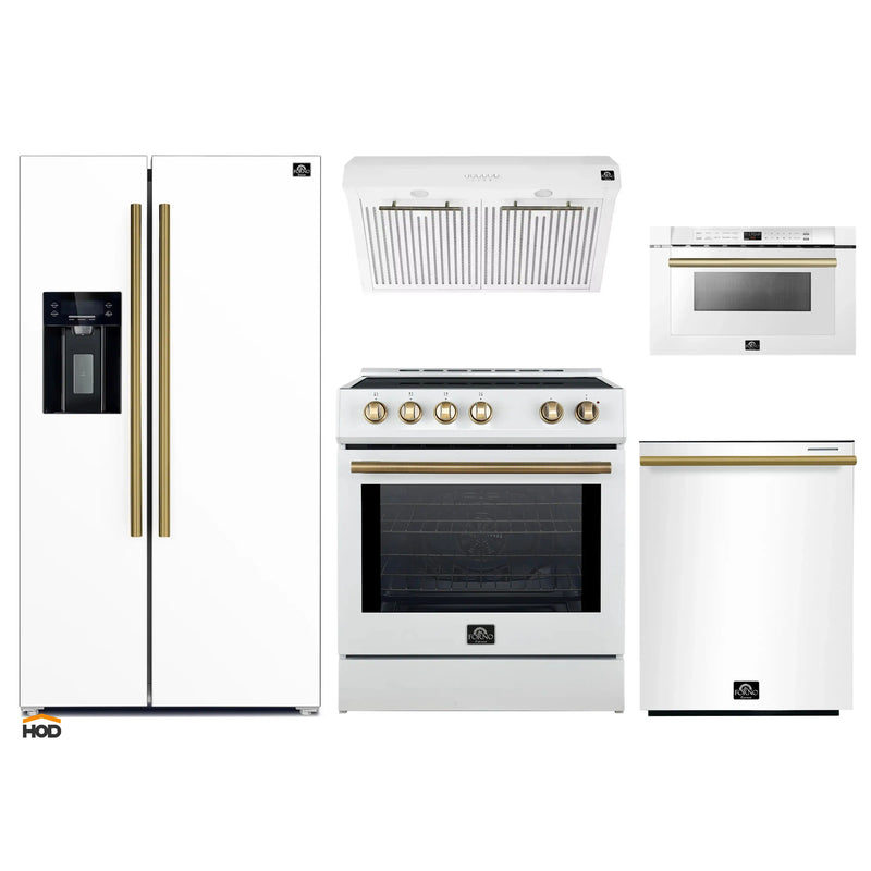 Forno 5-Piece Appliance Package - 30-Inch Induction Range, Under Cabinet Range Hood,  French Door Refrigerator with Water Dispenser, Dishwasher, and  Microwave Drawer in White with Antique Brass Trim
