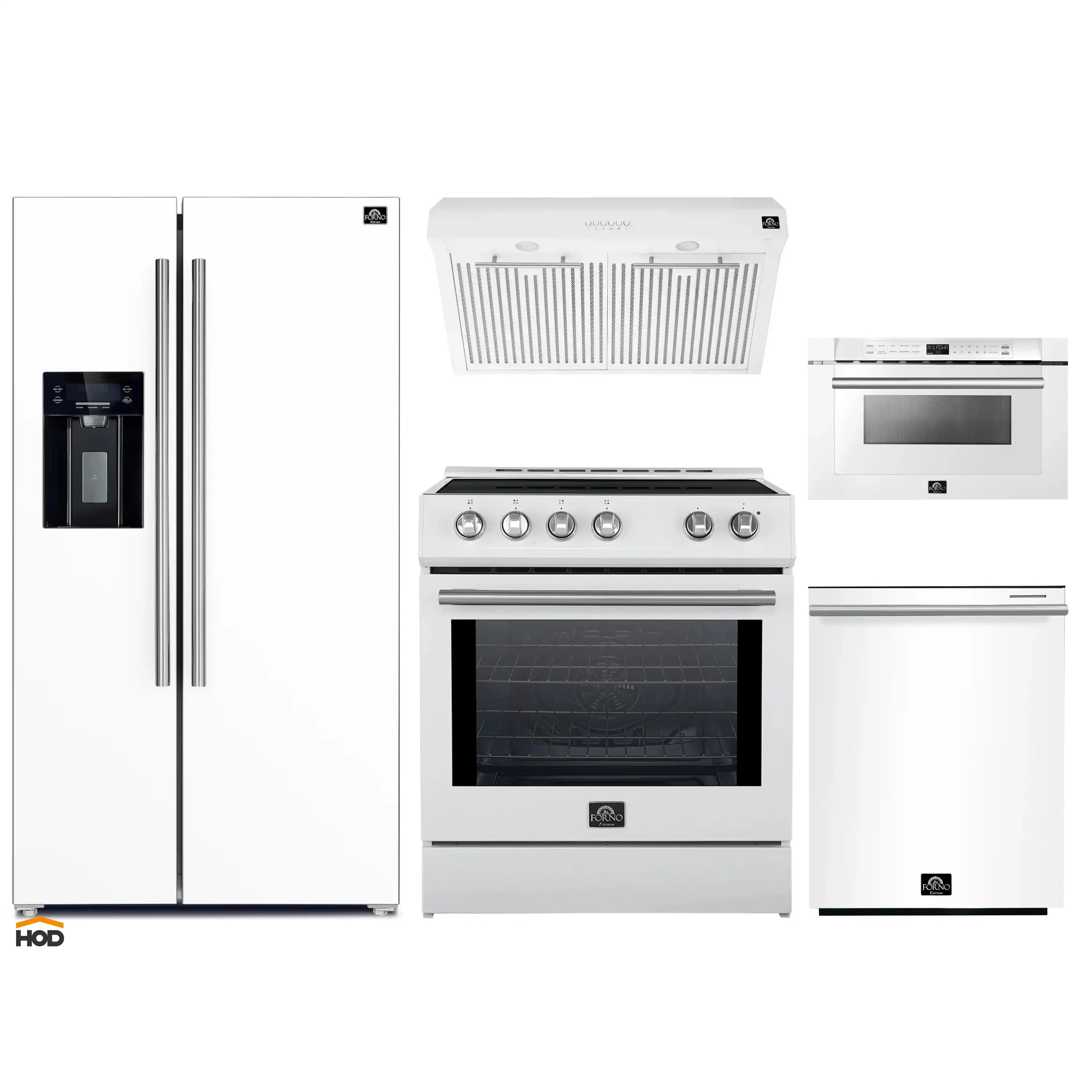 White induction range and microwave drawer with stainless refrigerator
