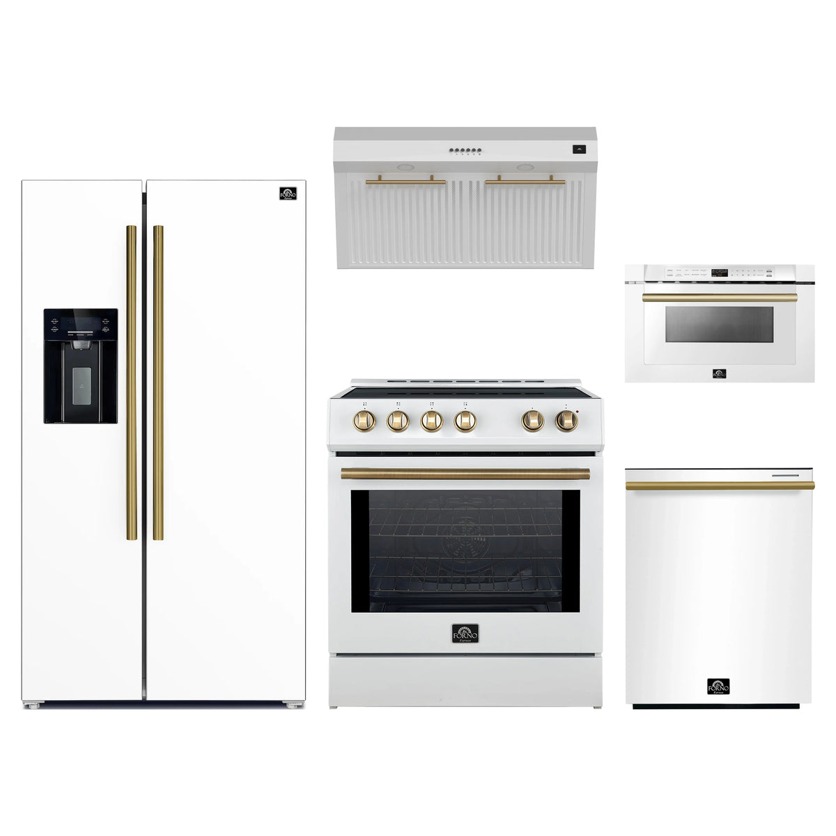 Forno 5-Piece Appliance Package - 30-Inch Induction Range, Under Cabinet Range Hood, Refrigerator with Water Dispenser, Dishwasher, and Microwave Drawer in White with Antique Brass Trim