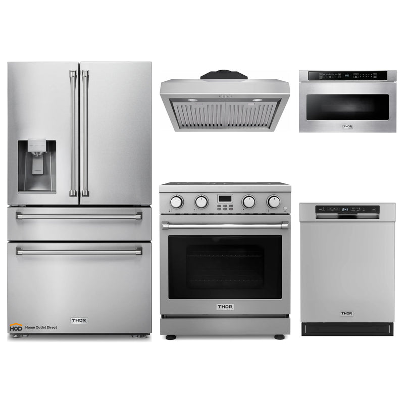 Thor Kitchen A-Series 5-Piece Appliance Package - 30-Inch Electric Range, Under Cabinet Range Hood, Refrigerator with Water Dispenser, Dishwasher, and Microwave in Stainless Steel