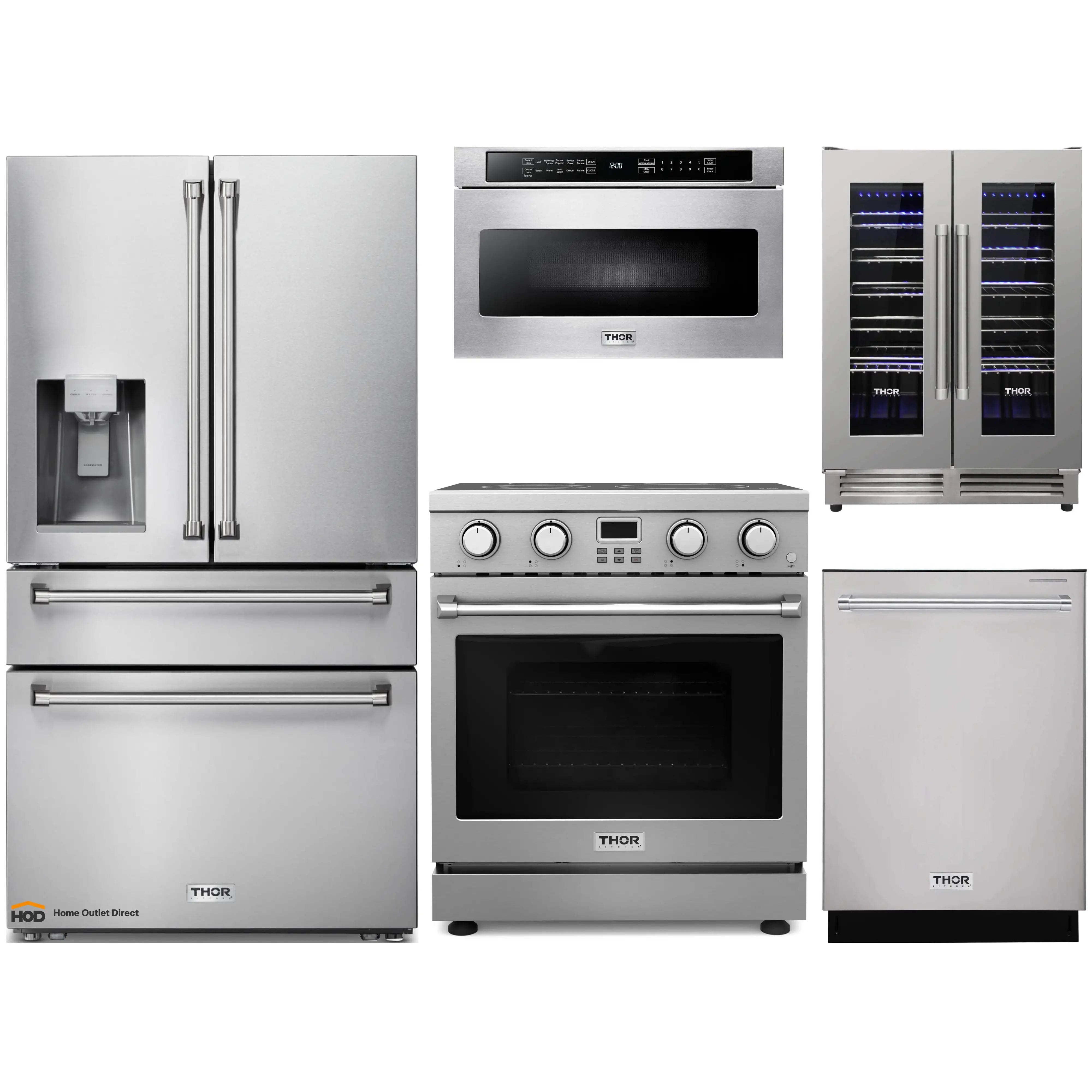 Thor Kitchen A-Series 5-Piece Appliance Package - 30-Inch Electric Range, Refrigerator with Water Dispenser, Dishwasher, Microwave, and Wine Cooler in Stainless Steel