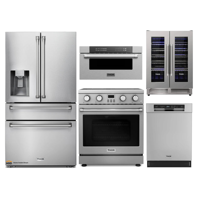 Thor Kitchen A-Series 5-Piece Appliance Package - 30-Inch Electric Range, Refrigerator with Water Dispenser, Dishwasher and Microwave Drawer in Stainless Steel