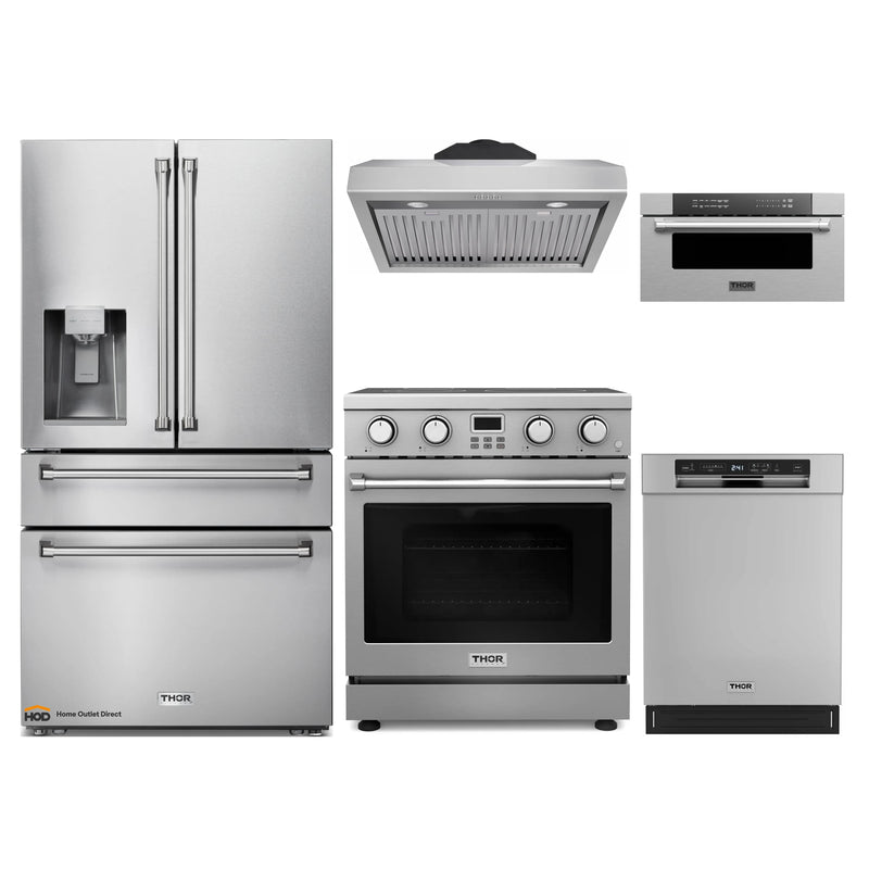 Thor Kitchen A-Series 5-Piece Appliance Package - 30-Inch Electric Range, Under Cabinet Range Hood, Refrigerator with Water Dispenser, Dishwasher and Microwave Drawer in Stainless Steel