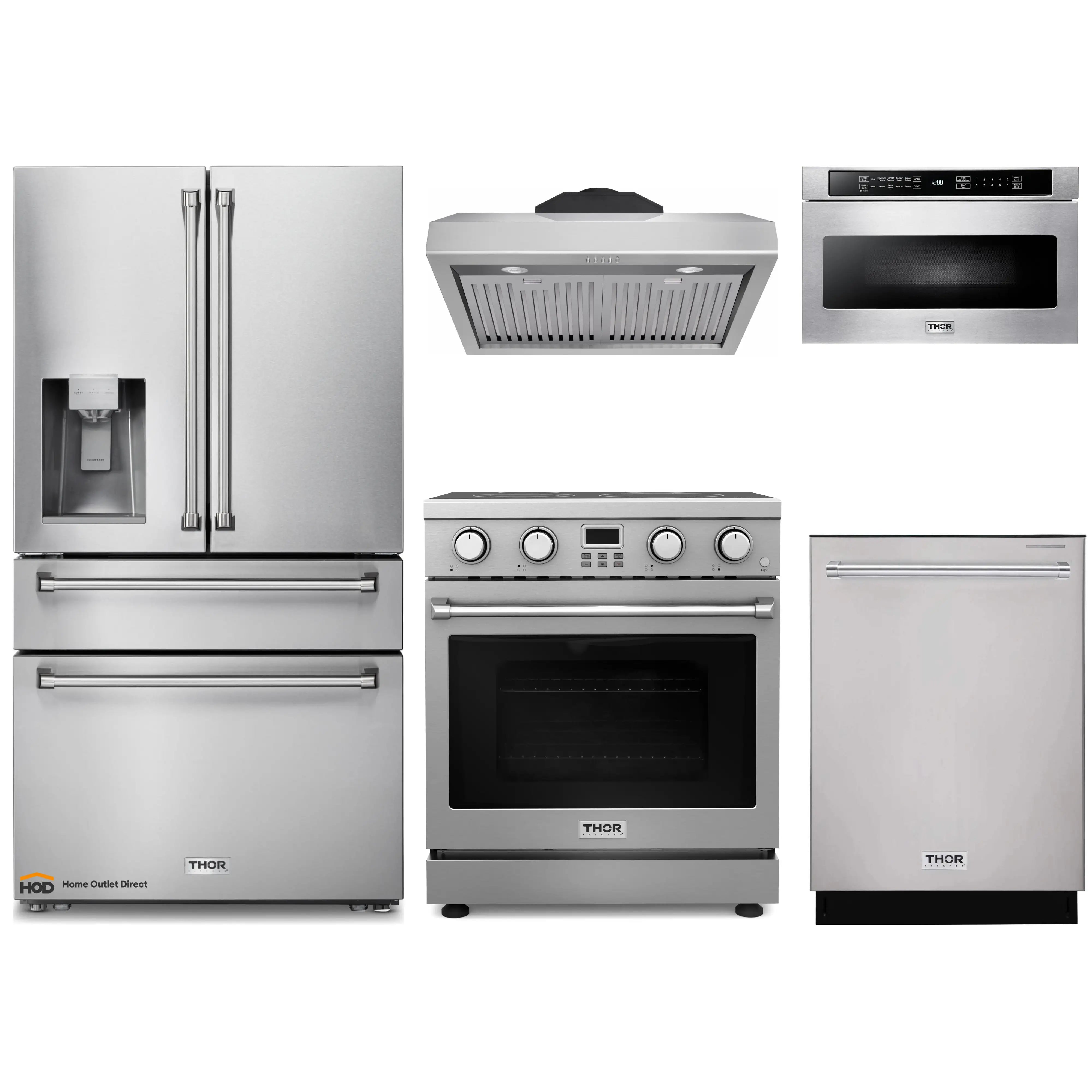 Thor Kitchen A-Series 5-Piece Appliance Package - 30-Inch Electric Range, Under Cabinet Range Hood, Refrigerator with Water Dispenser, Dishwasher, and Microwave in Stainless Steel