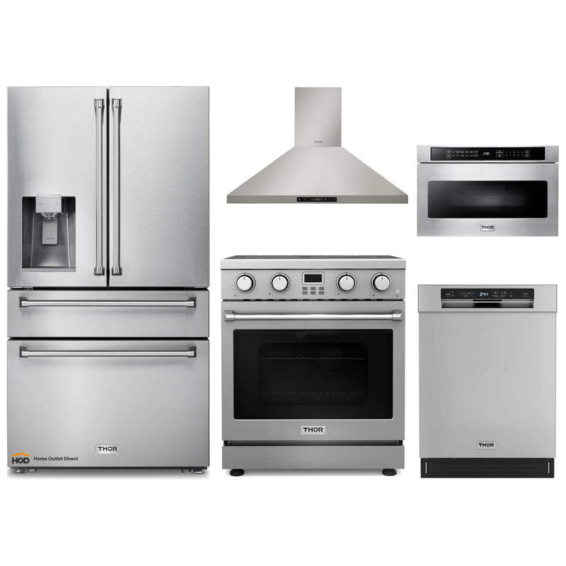 Thor Kitchen A-Series 5-Piece Appliance Package - 30-Inch Electric Range, Wall Mount Range Hood, Refrigerator with Water Dispenser, Dishwasher, and Microwave in Stainless Steel