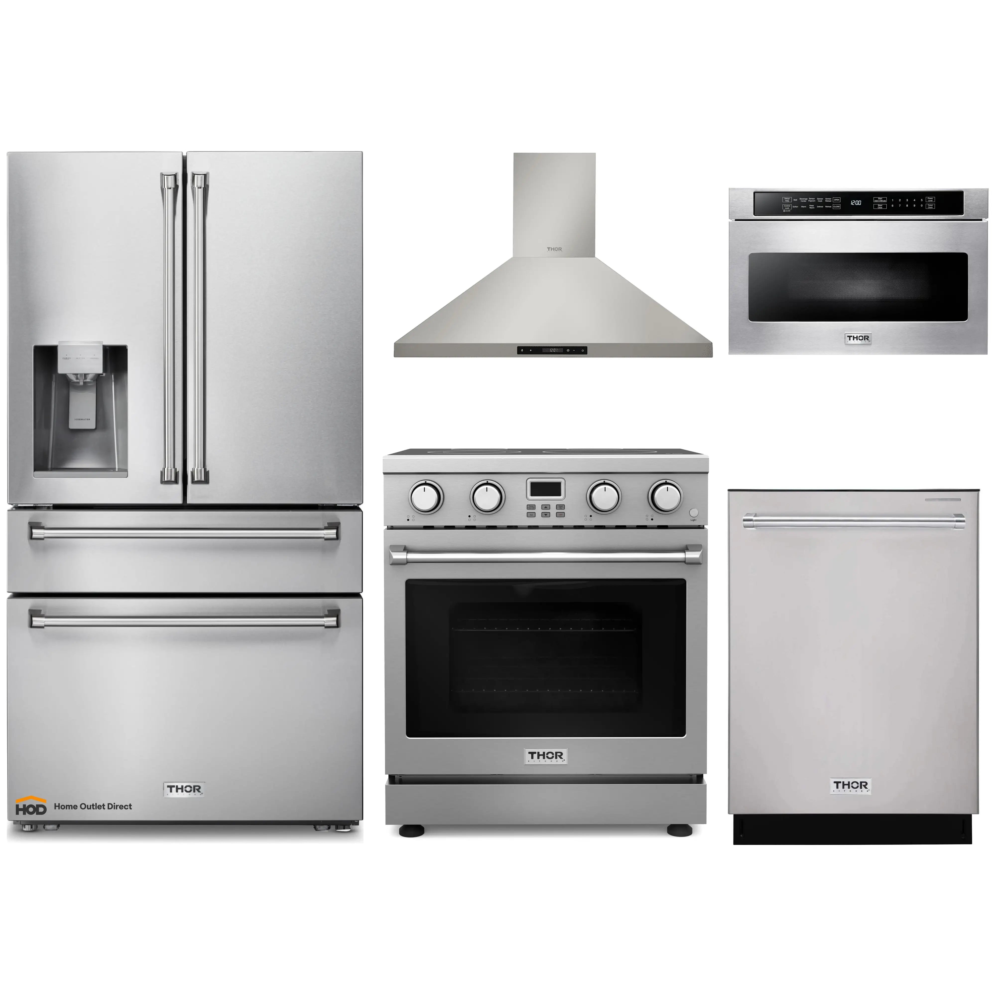 Thor Kitchen A-Series 5-Piece Appliance Package - 30-Inch Electric Range, Wall Mount Range Hood, Refrigerator with Water Dispenser, Dishwasher, and Microwave in Stainless Steel