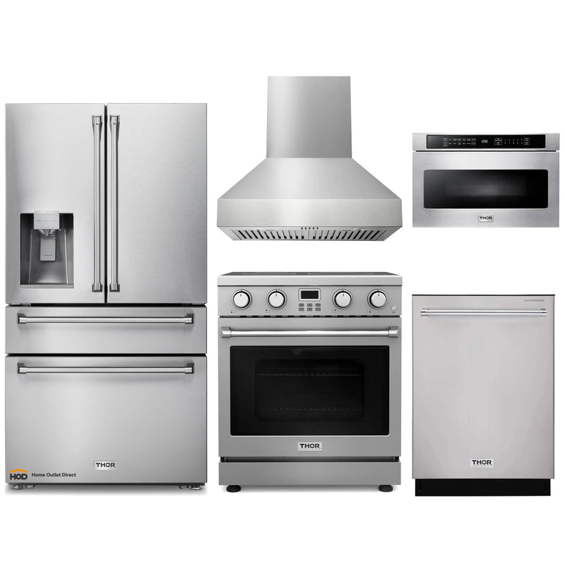 Thor Kitchen 5-Piece Appliance Package - 30-Inch Electric Range, Pro-Style Wall Mount Range Hood, Refrigerator with Water Dispenser, Dishwasher, and Microwave in Stainless Steel