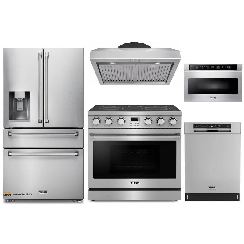 Thor Kitchen A-Series 5-Piece Appliance Package - 36-Inch Electric Range, Under Cabinet Range Hood, Refrigerator with Water Dispenser, Dishwasher, and Microwave in Stainless Steel