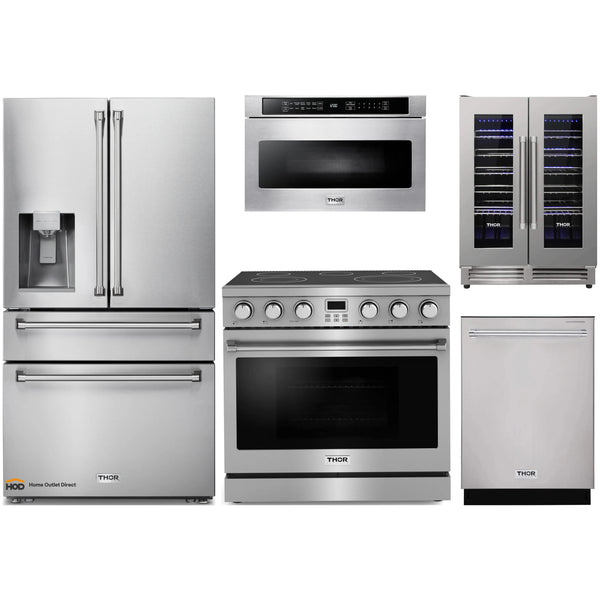 Thor Kitchen 5-Piece Appliance Package - 36-Inch Electric Range, Refrigerator with Water Dispenser, Dishwasher, Microwave, and Wine Cooler in Stainless Steel