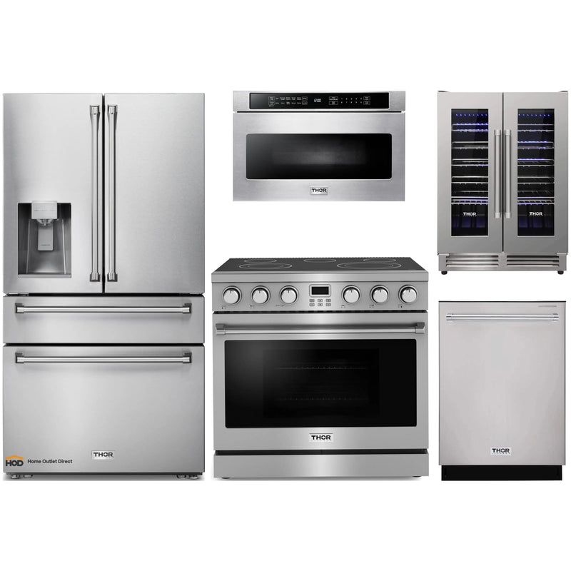 Thor Kitchen A-Series 5-Piece Appliance Package - 36-Inch Electric Range, Refrigerator with Water Dispenser, Dishwasher, Microwave, and Wine Cooler in Stainless Steel