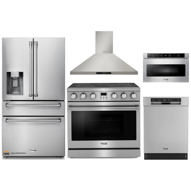 Thor Kitchen A-Series 5-Piece Appliance Package - 36-Inch Electric Range, Wall Mount Range Hood, Refrigerator with Water Dispenser, Dishwasher and Microwave Drawer in Stainless Steel