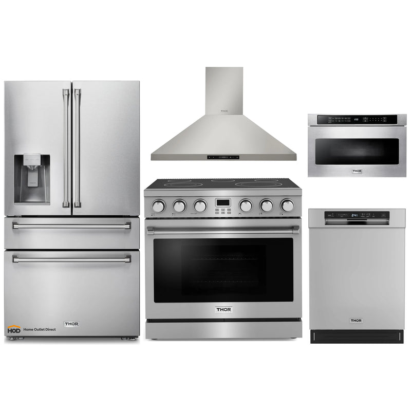 Thor Kitchen A-Series 5-Piece Appliance Package - 36-Inch Electric Range, Wall Mount Range Hood, Refrigerator with Water Dispenser, Dishwasher, and Microwave in Stainless Steel